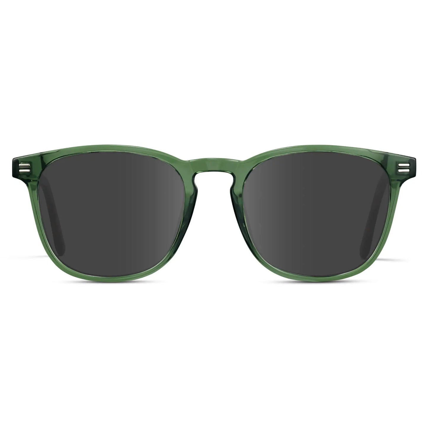 Emerald Green / Grey || Green Square Frame Prescription Sunglasses with Grey Lenses on a white background