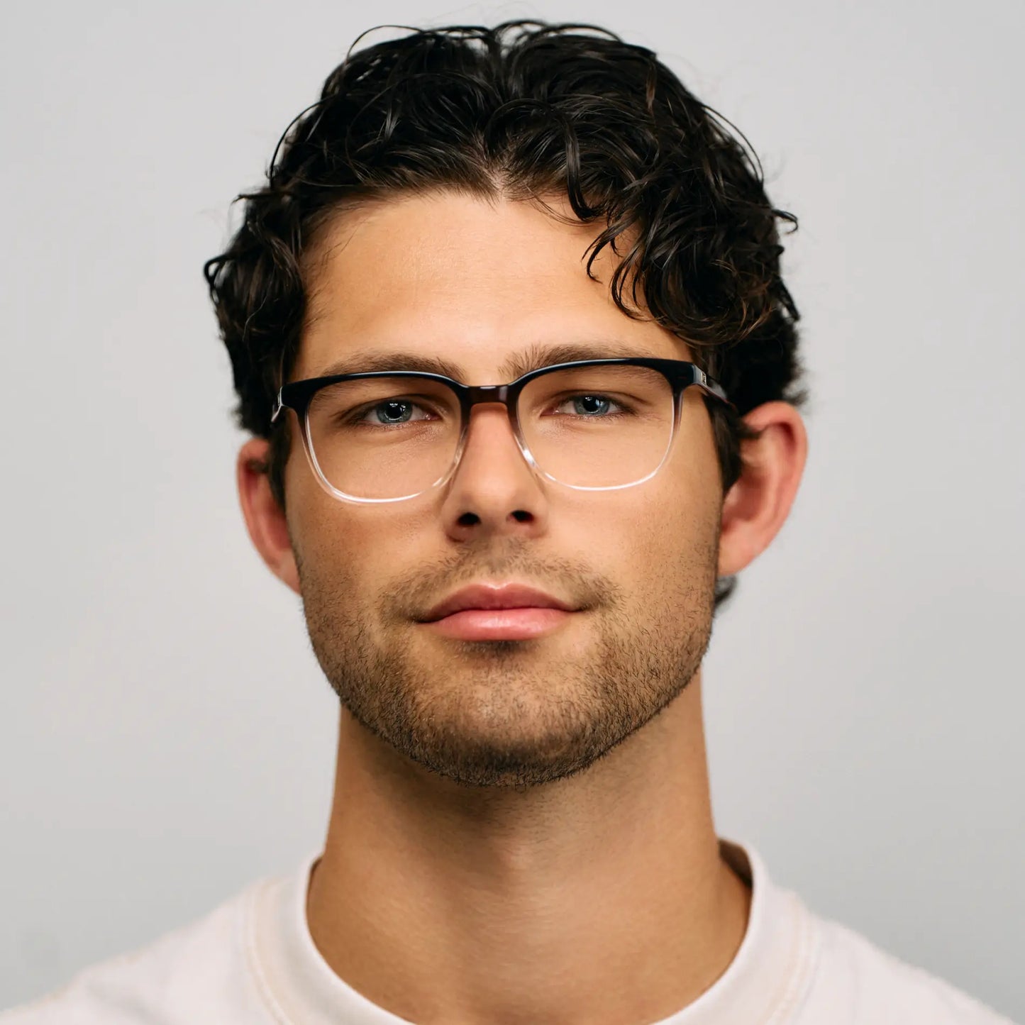 Bourbon Brown || Male Model wearing Unisex Oversized Rectangular Blue Light Blocking Glasses with Dual-Tone Bourbon Brown Acetate Frame and Clear Lens