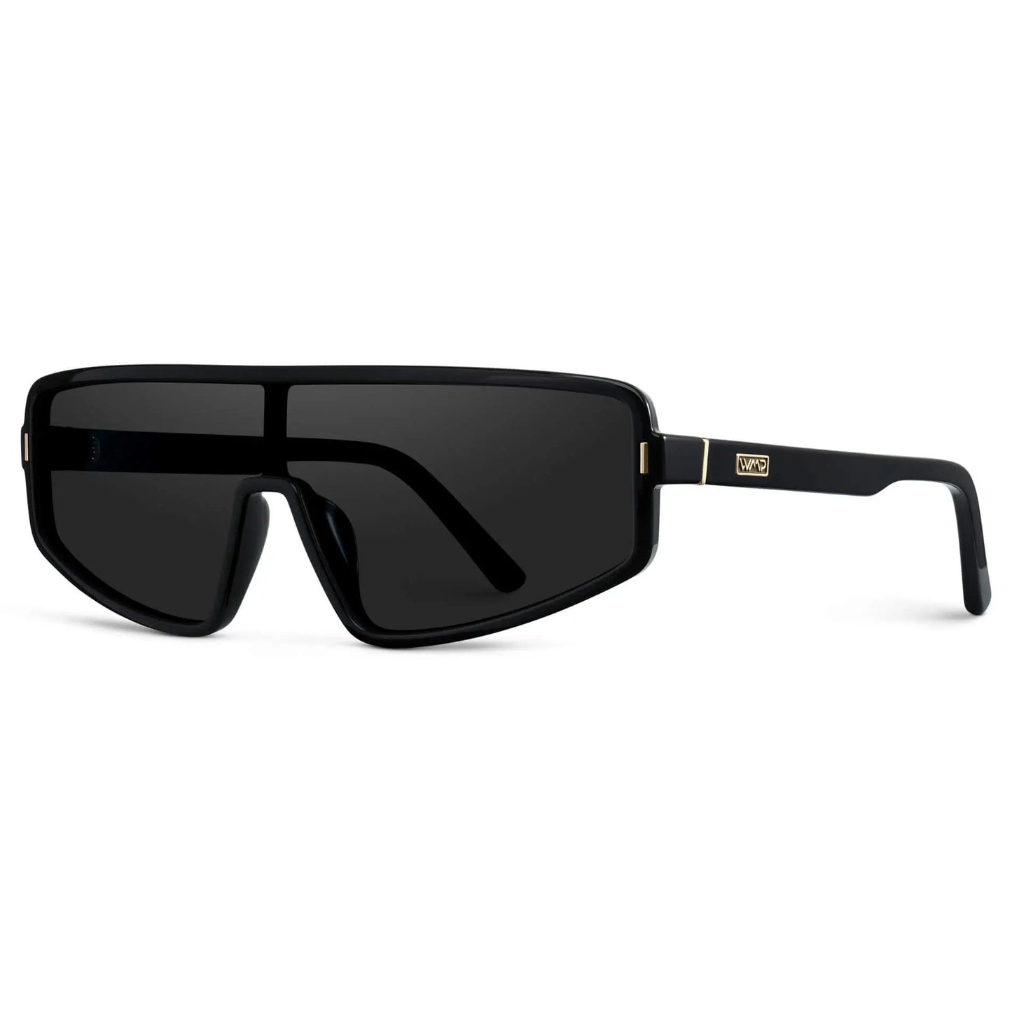 Black / Black Lens || Women's Flat-Top Aviator Shield Sunglasses with Black Acetate Frame and Black Polarized Anti-Reflective Lens