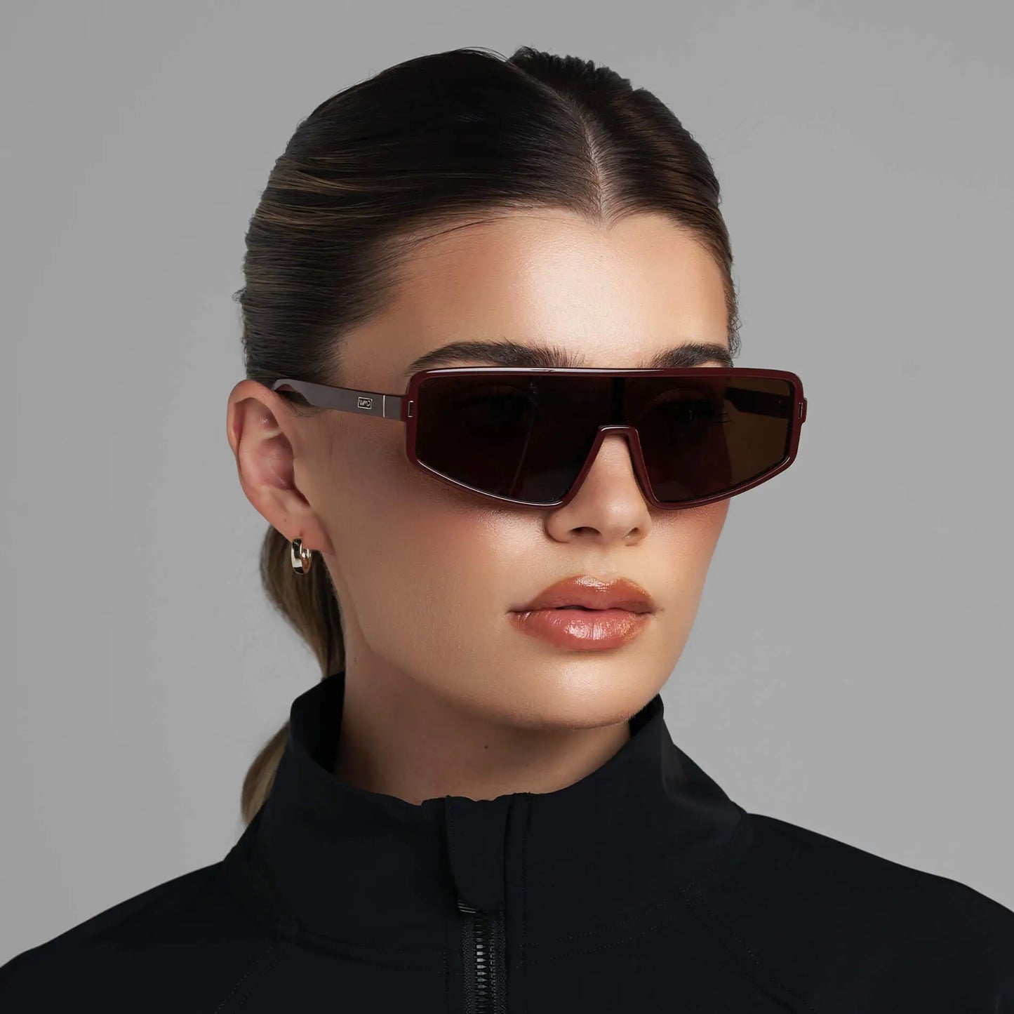 Black Cherry Red / Dark Brown Lens || Women's Flat-Top Aviator Shield Sunglasses with Black Cherry Red Acetate Frame and Dark Brown Polarized Anti-Reflective Lens