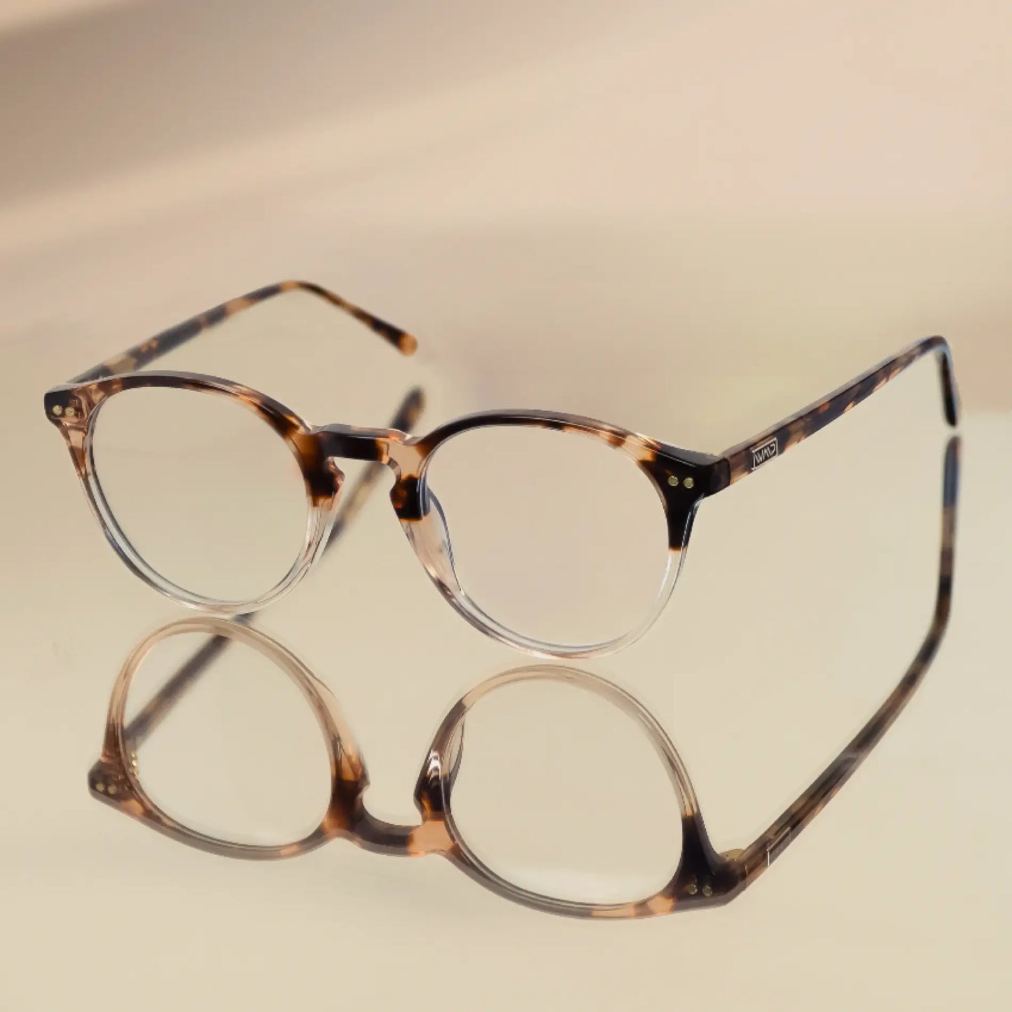 Crystal Brown Tortoise || Owen clear bottom round frames with tortoise pattern upper rim resting on neutral reflective surface