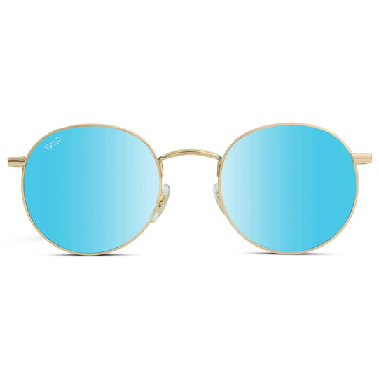 Gold / Blue Lens || Gold Round Metal Frame Sunglasses with Blue Polarized Lenses