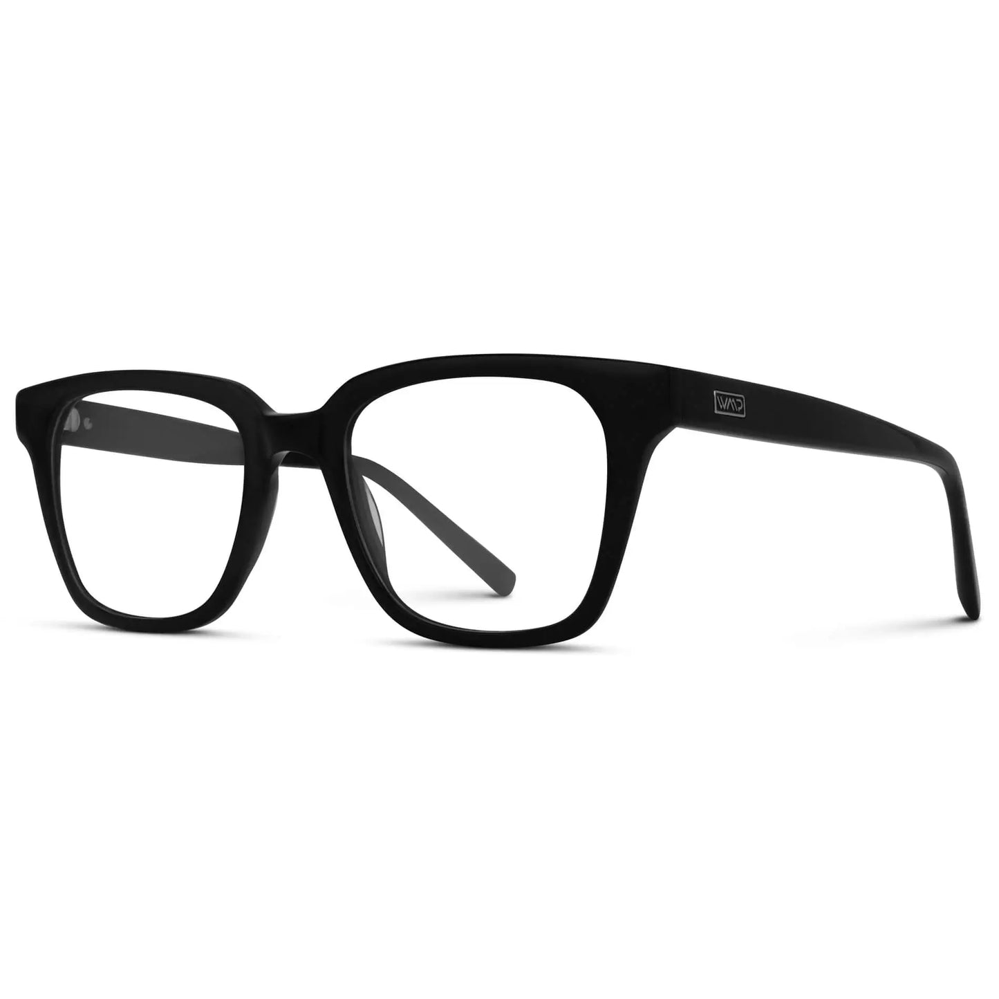 Glossy Black || Side view of Men's Rectangular Prescription Glasses with Glossy Black Frame and Clear Lenses on a white background