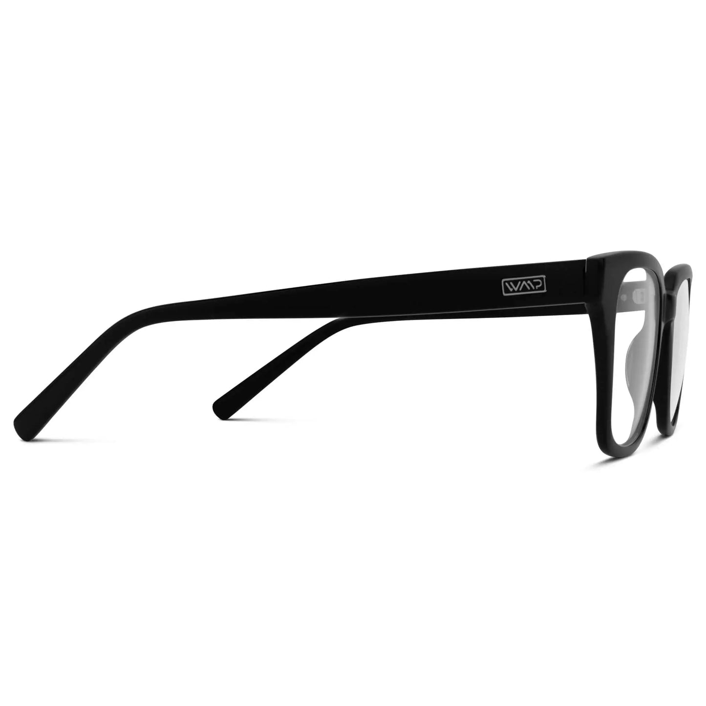 Glossy Black || Temple view of Men's Rectangular Prescription Glasses with Glossy Black Frame and Clear Lenses on a white background
