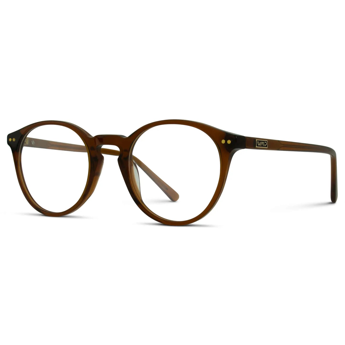 Crystal Chestnut Brown || Side view of Brown Round Frame Blue Light Blocking Glasses for Computer Use on a white background