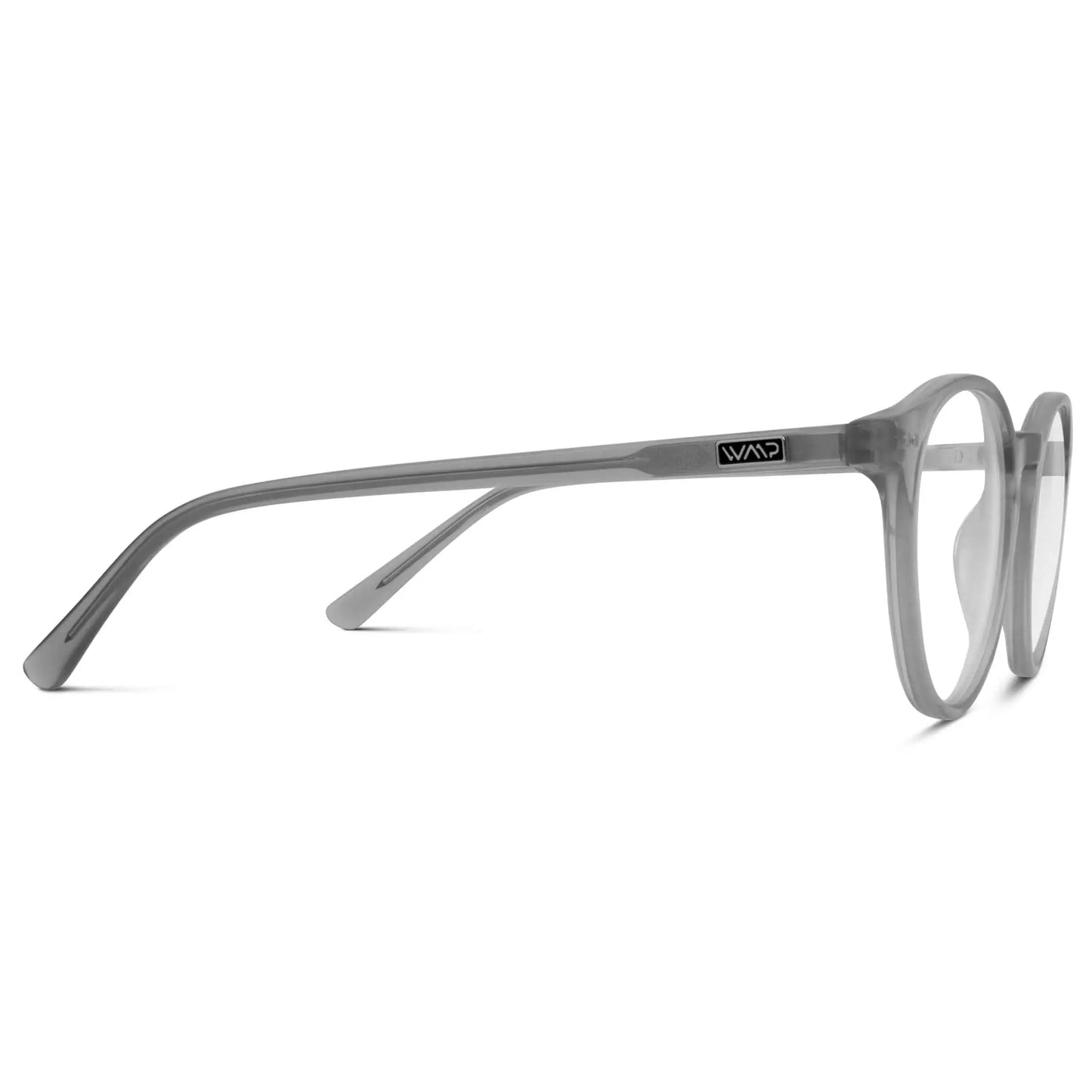 Cloudy Grey || Side view of Grey Round Frame Blue Light Blocking Glasses for Computer Use on a white background