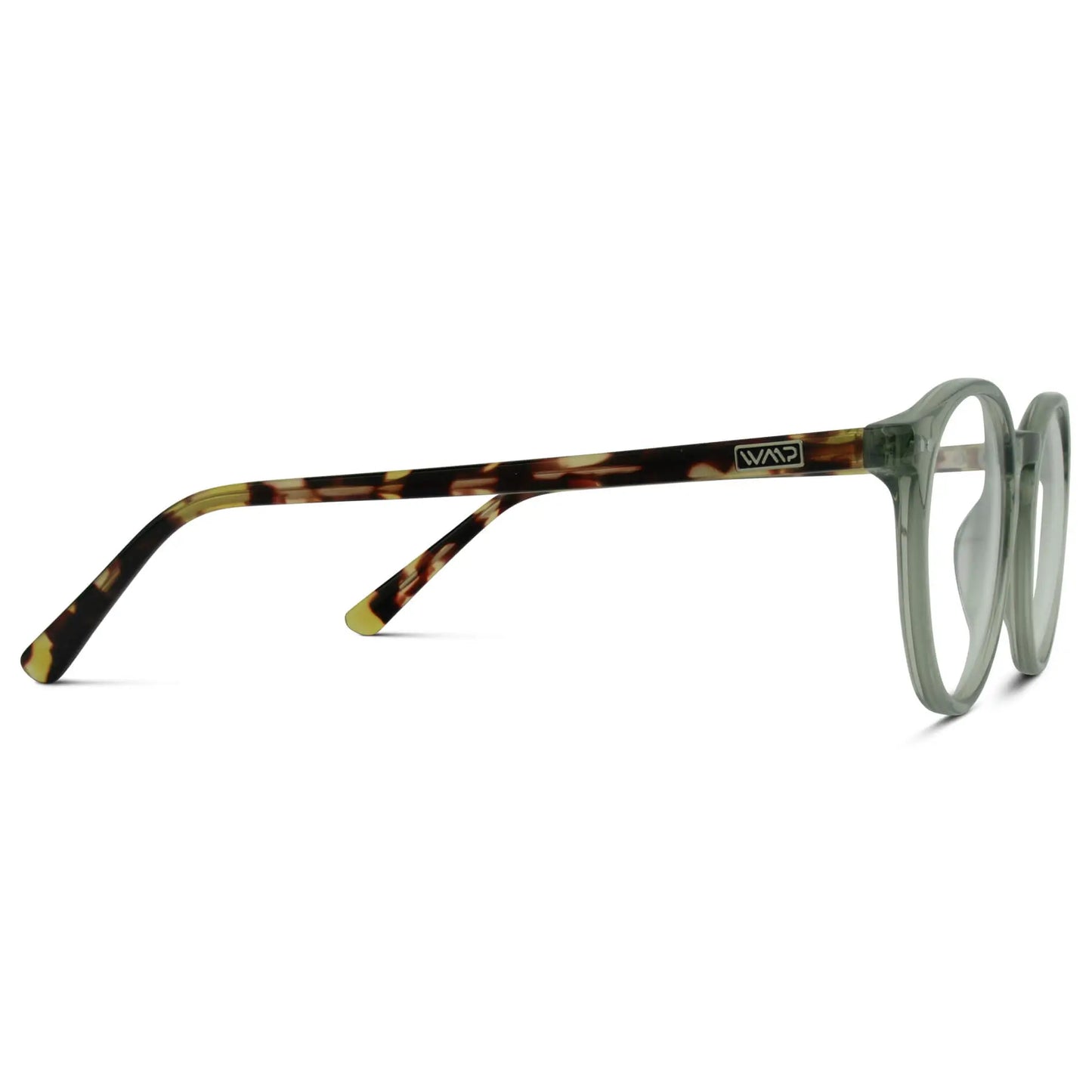 Tortoise Crystal Green || Temple view of Green Round Frame Blue Light Blocking Glasses for Computer Use on a white background