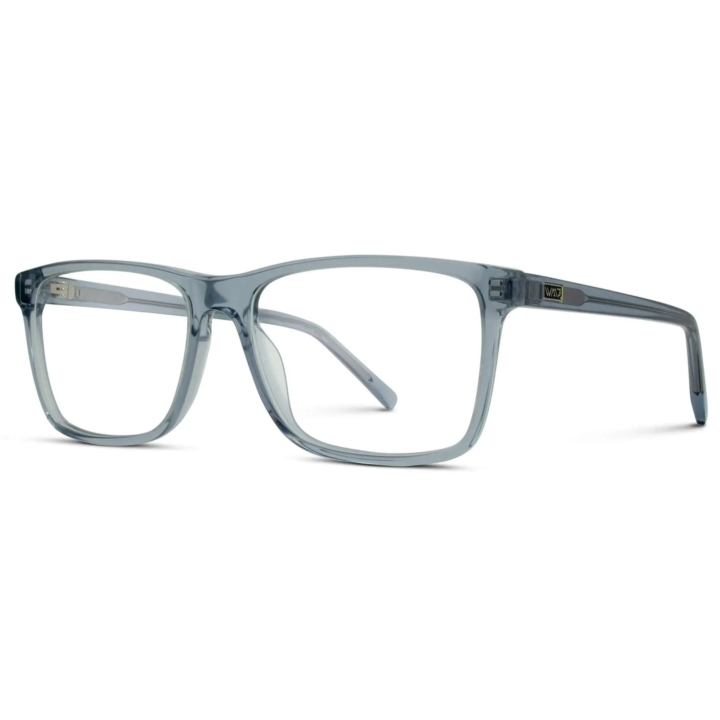 Denim Blue || Side view of Men's Rectangular Prescription Glasses with Denim Blue Frames with Clear Lenses on a white background