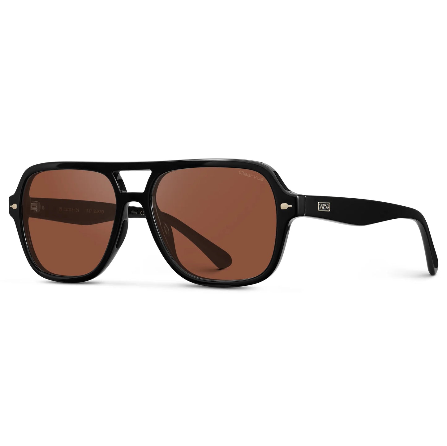 Black / Tinted Red Lens || Side view of Women's Flat-Top Aviator Sunglasses with Black Frame and Tinted Red Lens on a white background