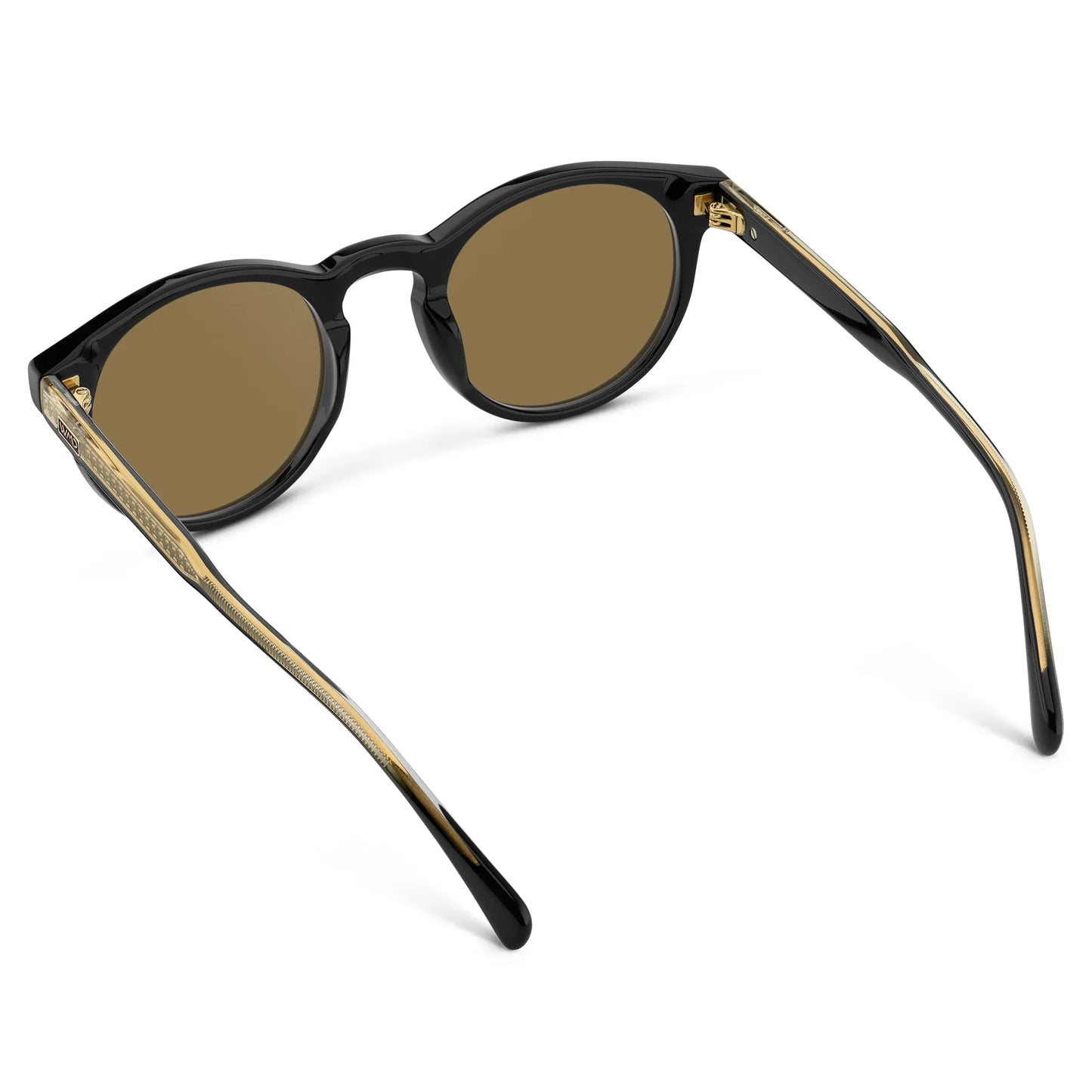 Black / Amber || Back view of Men's Round Prescription Sunglasses with Black Frame and Brown Lens on a white background