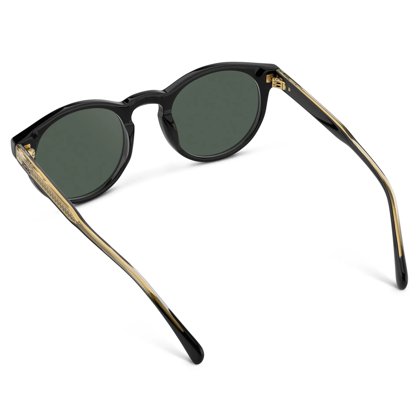 Black / G15 || Back view of Men's Round Prescription Sunglasses with Black Frame and Green Lens on a white background