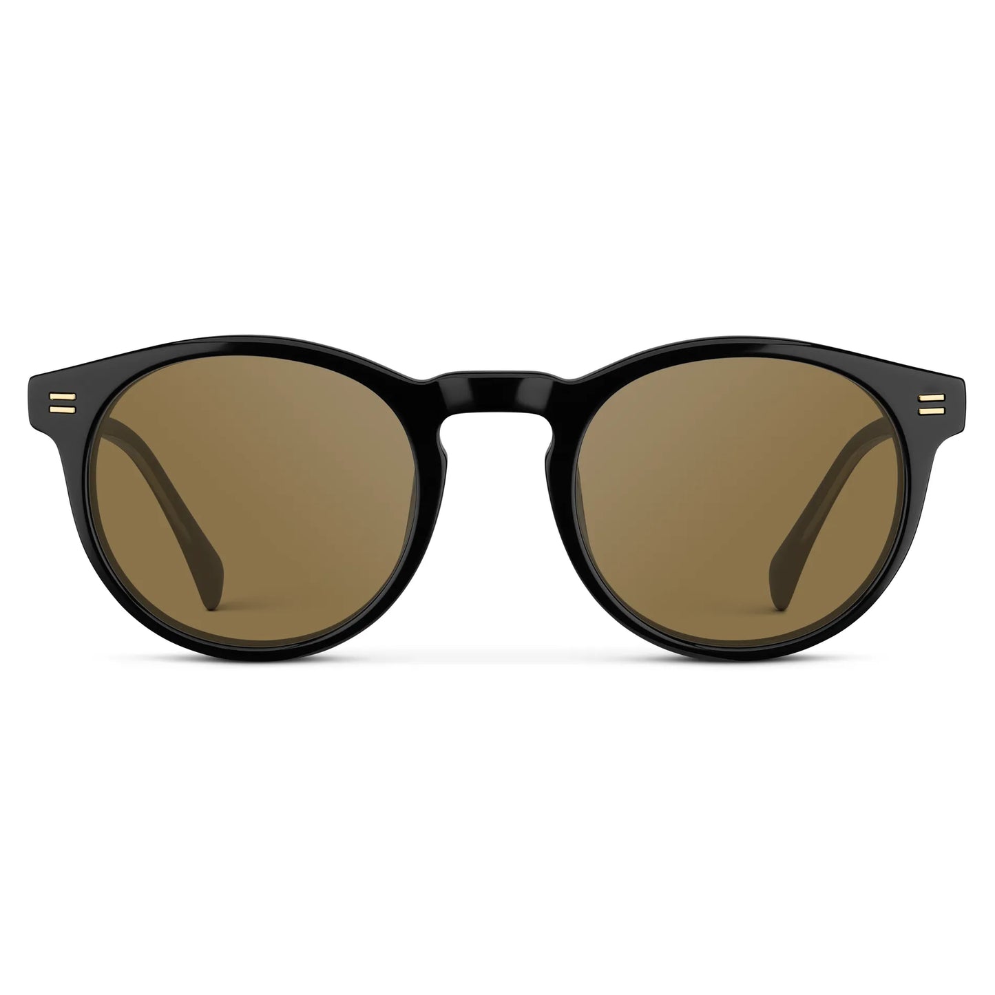 Black / Amber || Front view of Men's Round Prescription Sunglasses with Black Frame and Brown Lens on a white background