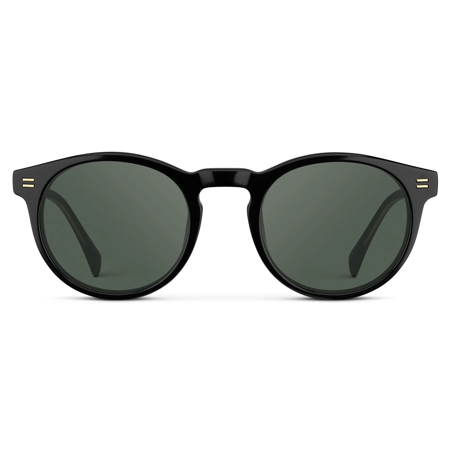 Black / G15 || Front view of Men's Round Prescription Sunglasses with Black Frame and Green Lens on a white background