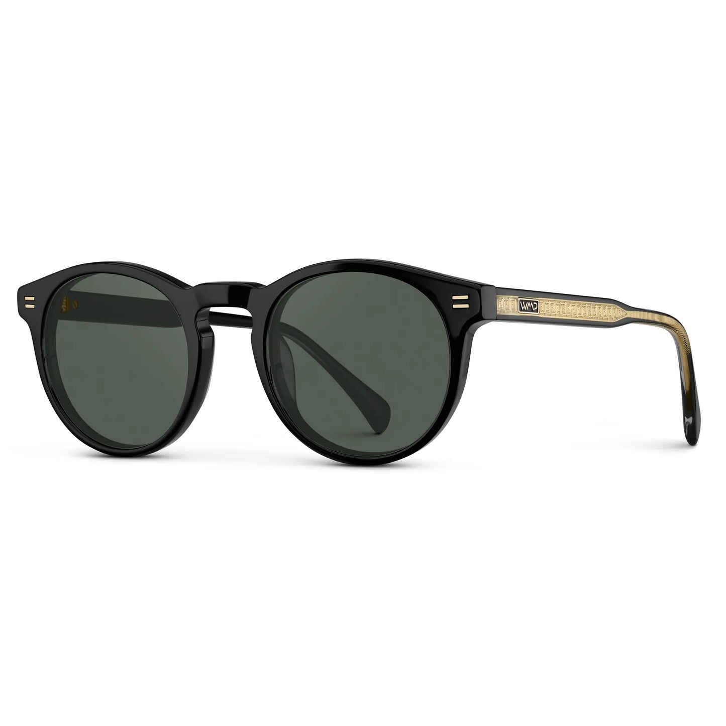 Black / G15 || Side view of Men's Round Prescription Sunglasses with Black Frame and Green Lens on a white background