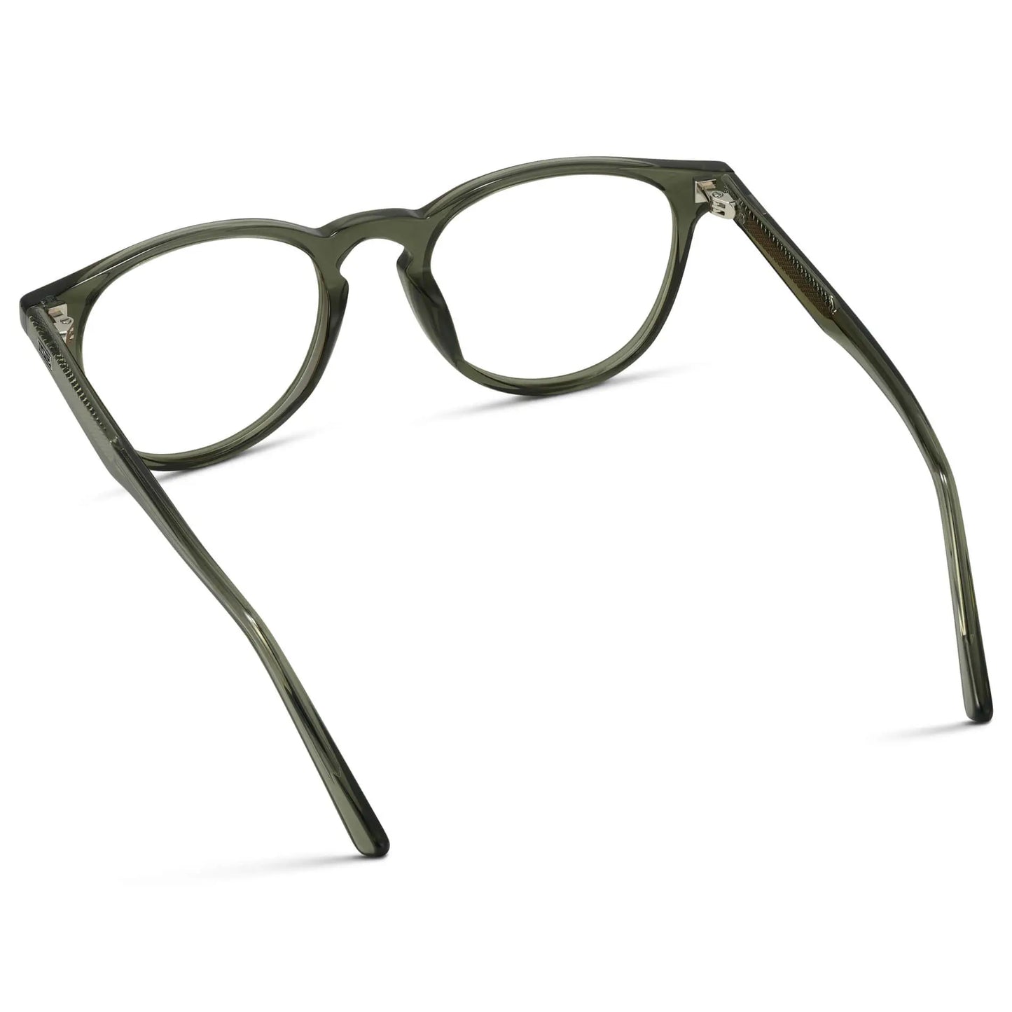 Crystal Sage || Back view of Men's Round Prescription Eyeglasses with Green Frame and Clear Lenses on a white background