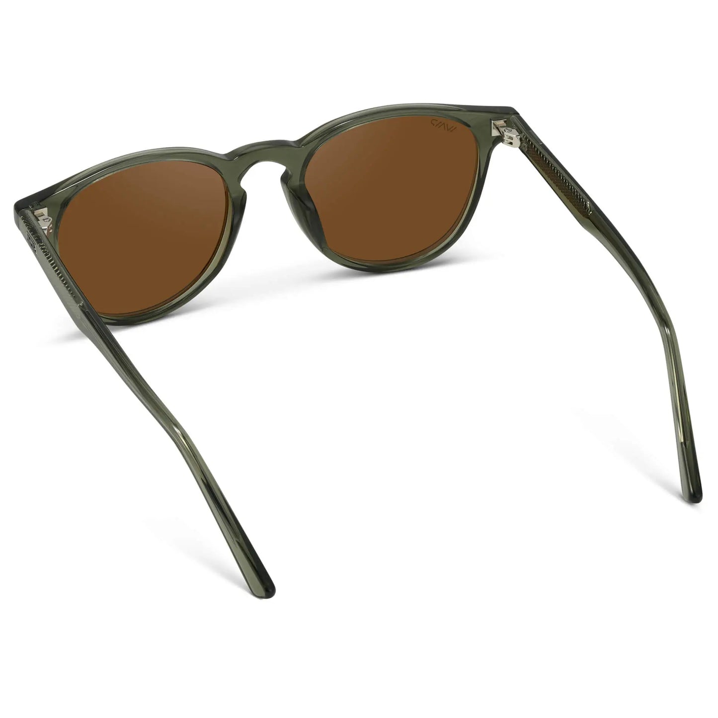 Round-frame sunglasses with brown polarized lenses and green translucent tapered arms shown from behind