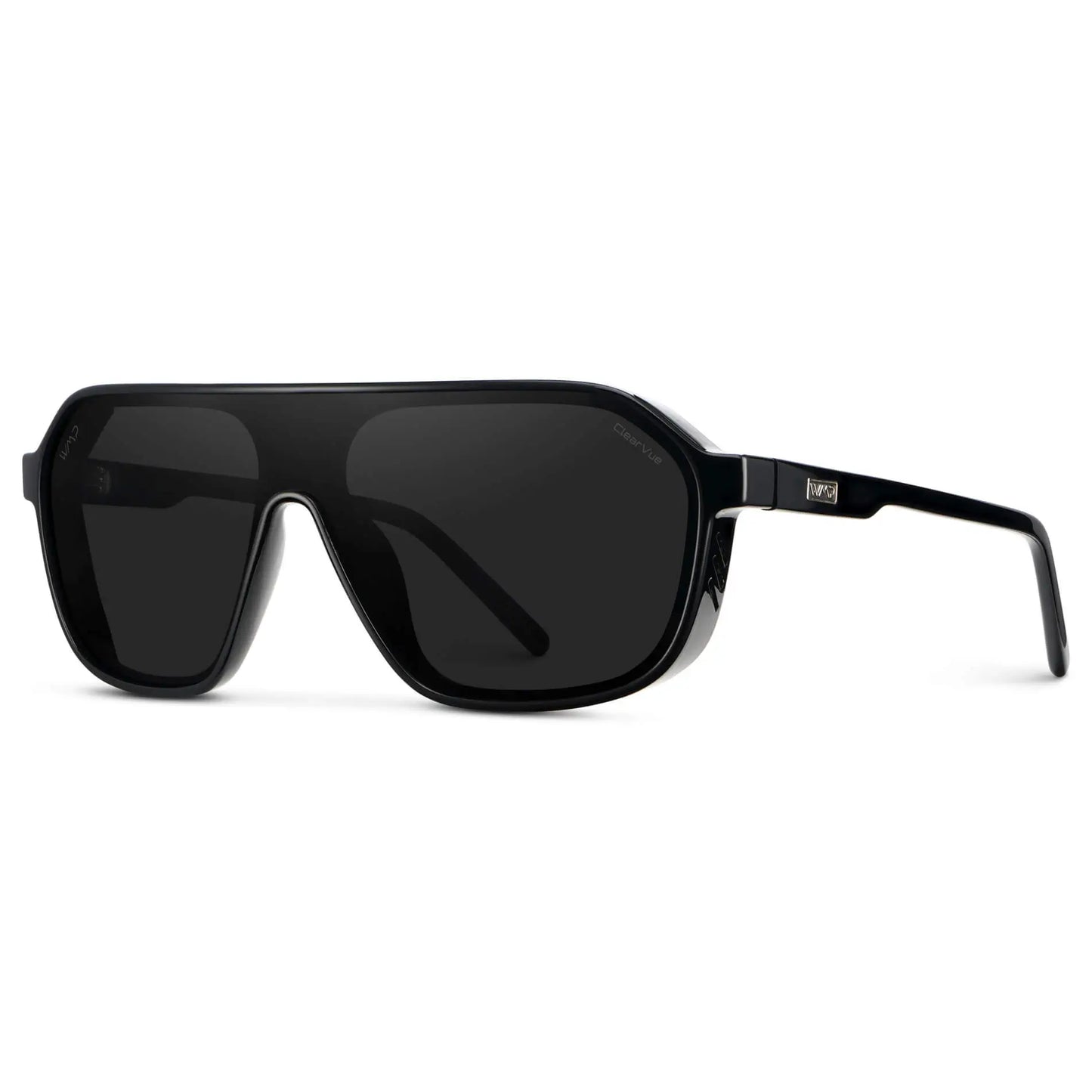 Black / Black Lens || Men's Rectangular Aviator Shield Sunglasses with Black Acetate Frame and Black Polarized Lens