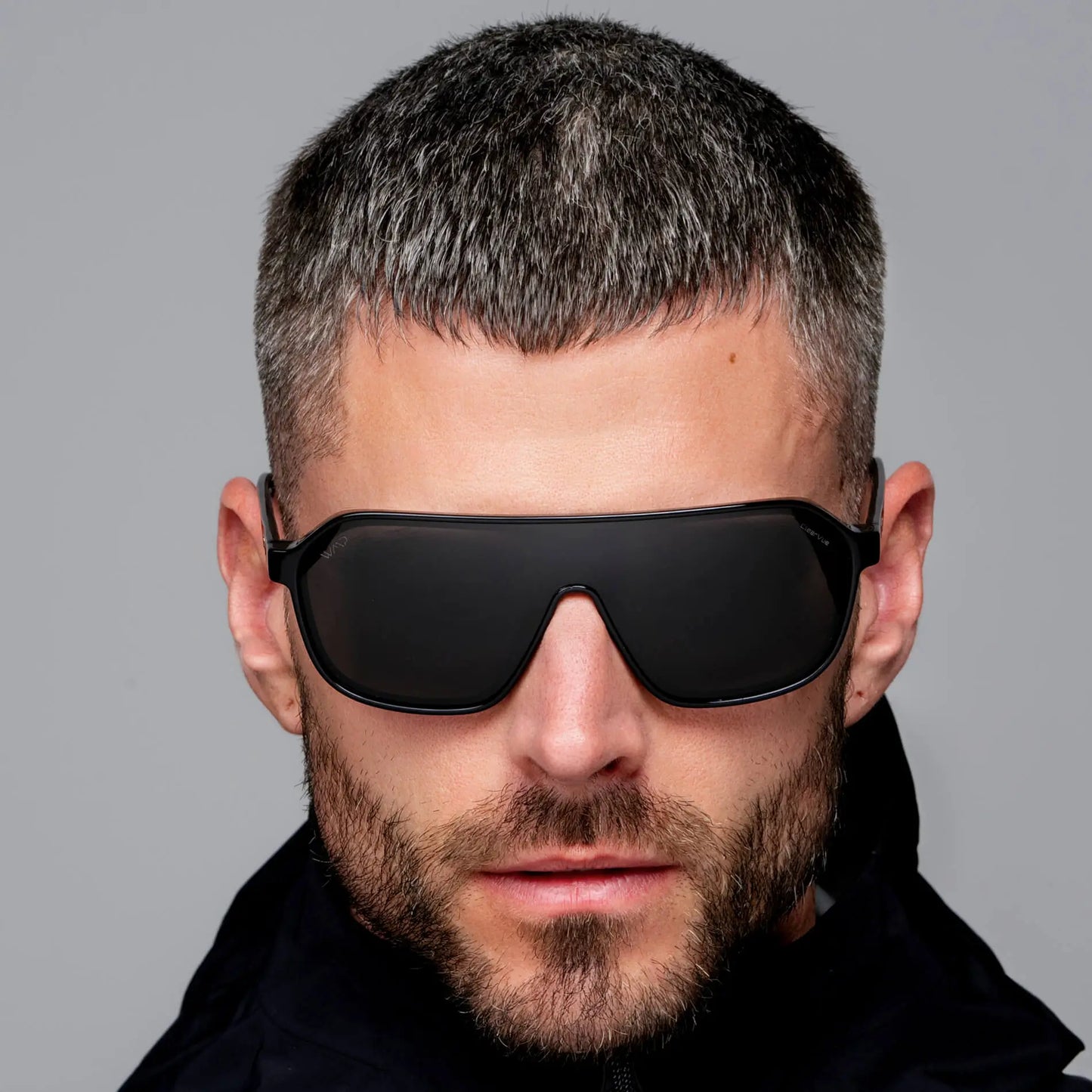 Black / Black Lens || Men's Rectangular Aviator Shield Sunglasses with Black Acetate Frame and Black Polarized Lens