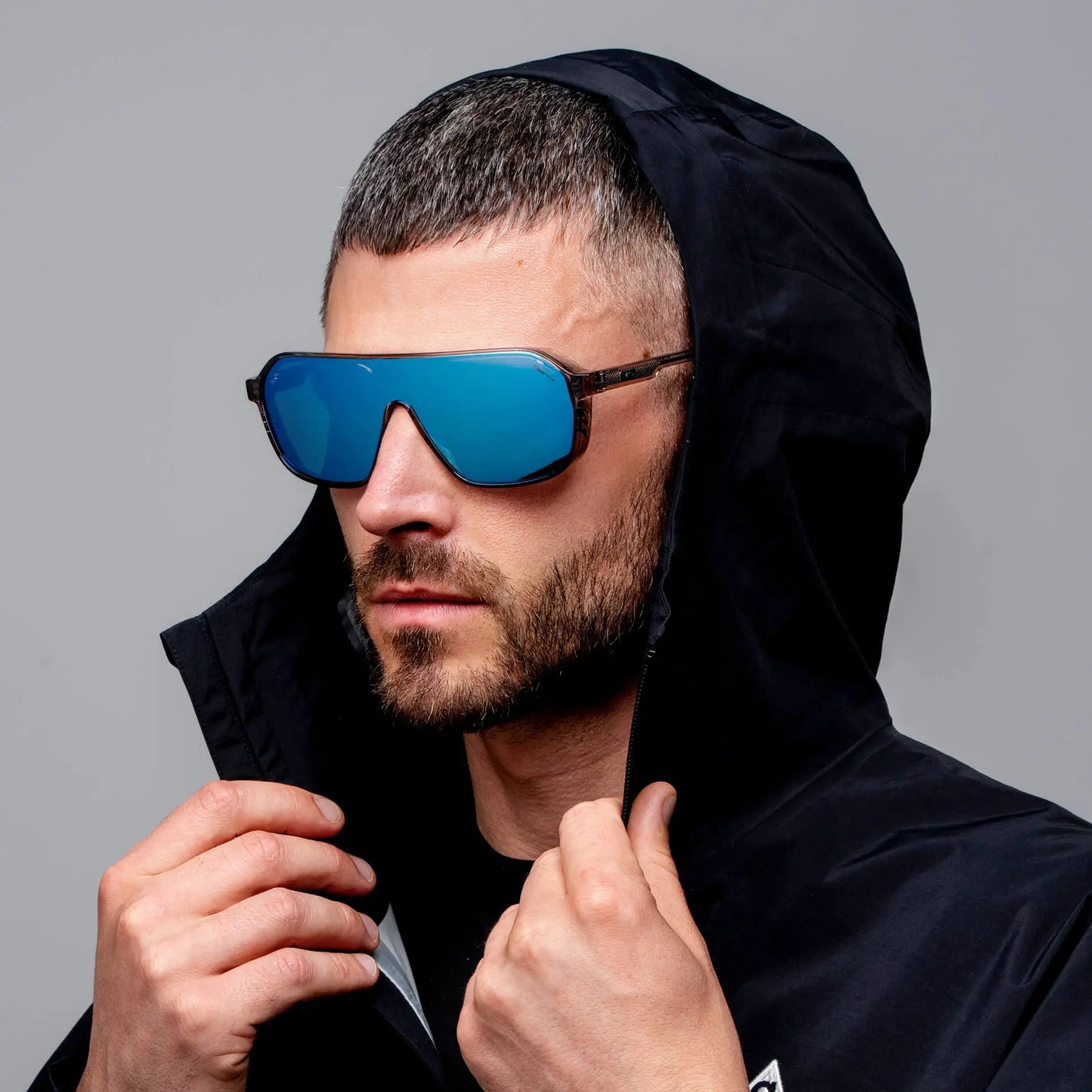 Ash Grey / Mirror Blue Lens || Men's Rectangular Aviator Shield Sunglasses with Ash Grey Acetate Frame and Blue Mirrored Polarized Lens