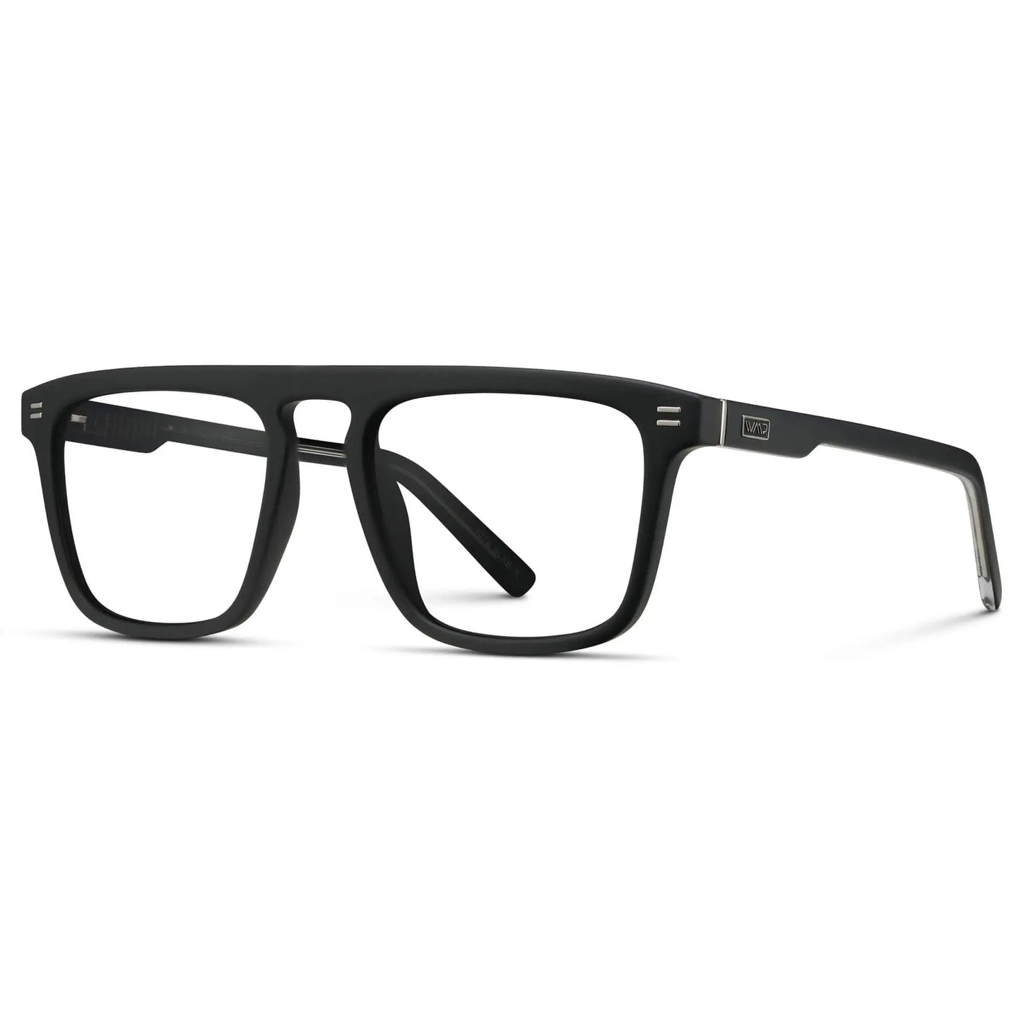 Matte Black || Side view of Men's Oversized Square Prescription Glasses with Black Frames and Clear Lenses on a white background