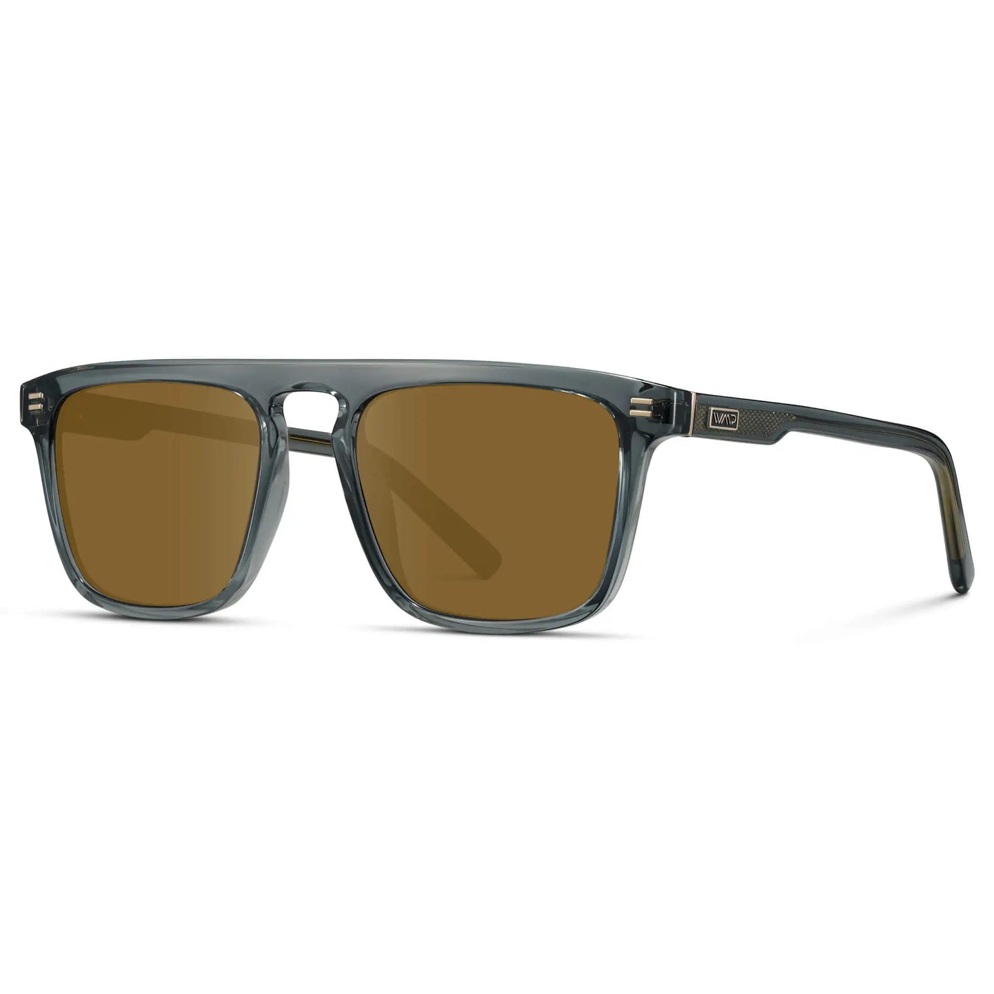 Crystal Stone Blue / Amber || Side view of Men's Sleek and Modern Prescription Sunglasses with Crystal Blue Frame and Brown Lenses