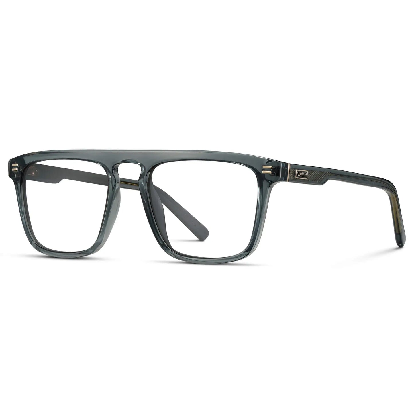 Crystal Stone Blue || Side view of Men's Oversized Square Prescription Glasses with Crystal Stone Blue Frames and Clear Lenses on a white background