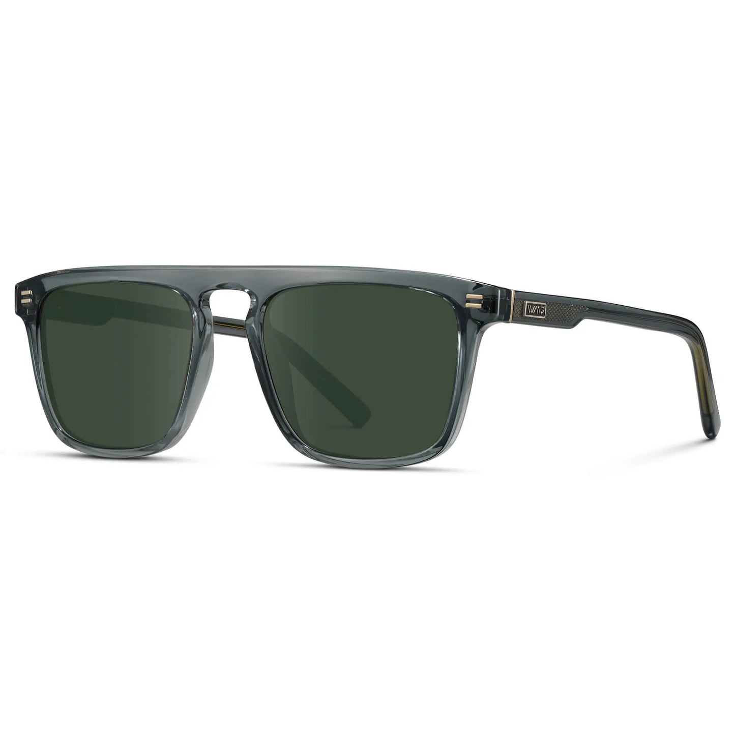 Crystal Stone Blue / G15 || Side view of Men's Sleek and Modern Prescription Sunglasses with Crystal Blue Frame and Green Lenses