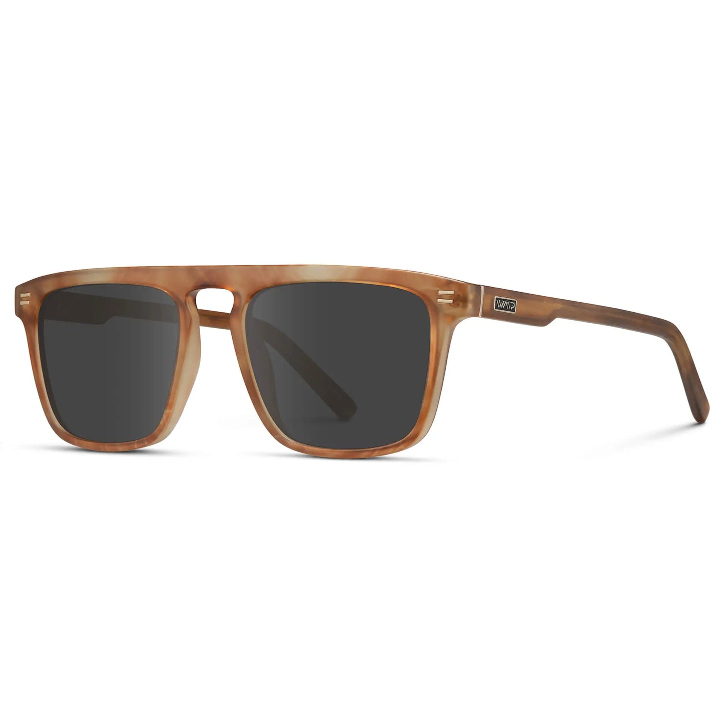Frosted Oakwood Brown / Grey || Side view of Men's Sleek and Modern Prescription Sunglasses with Frosted Oakwood Brown Frame and Grey Lenses