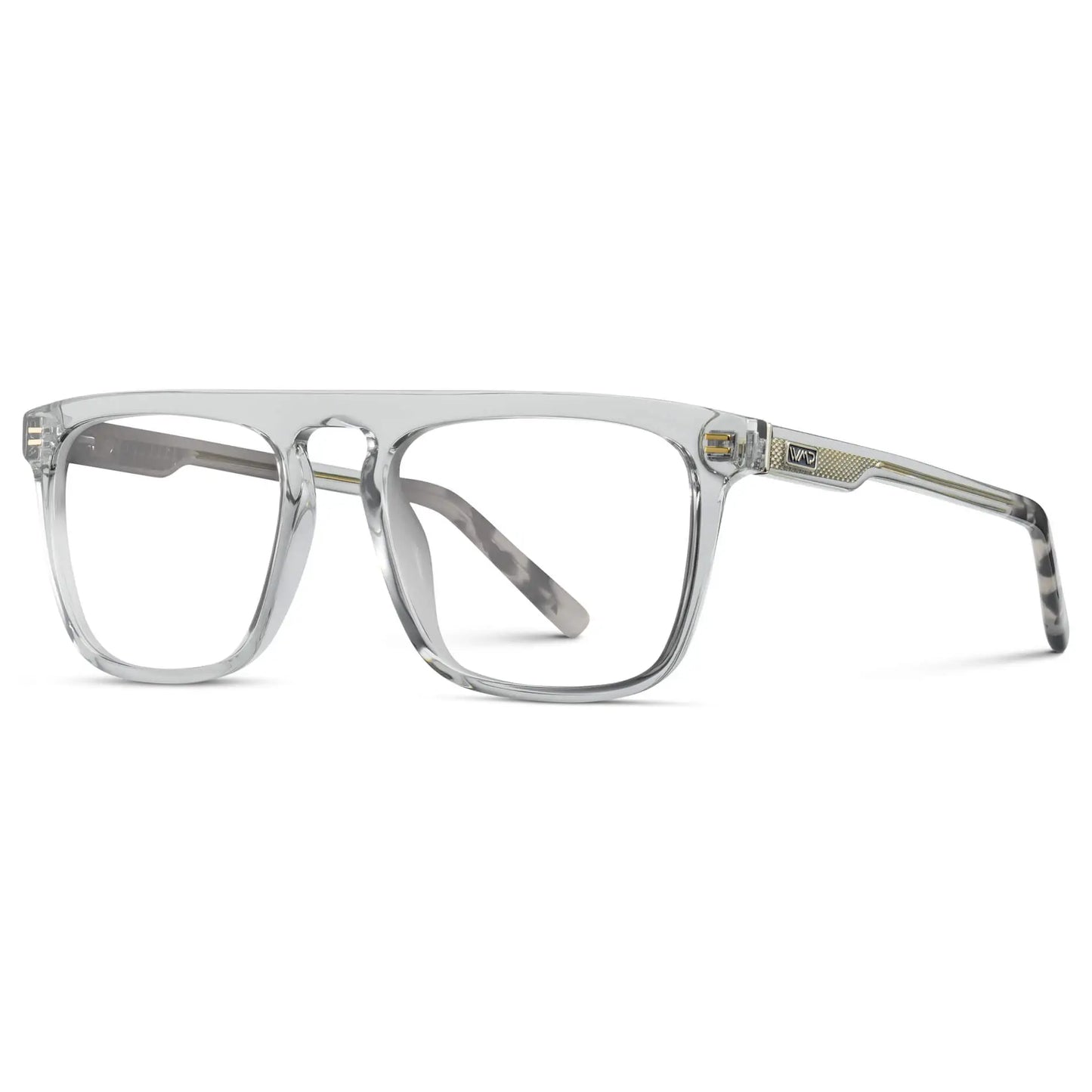 Ice Grey || Side view of Men's Oversized Square Prescription Glasses with Ice Grey Frames and Clear Lenses on a white background