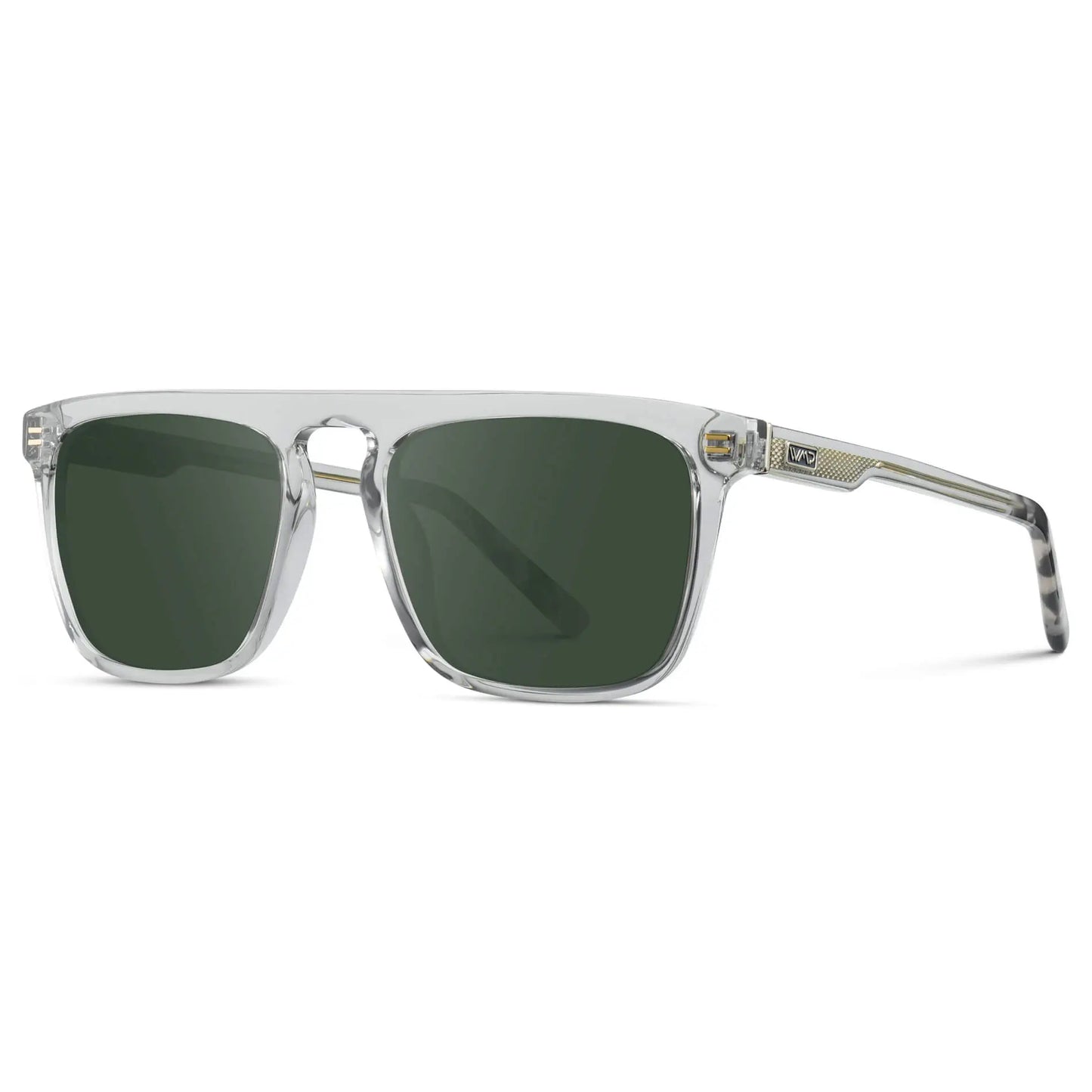 Ice Grey / G15 || Side view of Men's Oversized Square Prescription Sunglasses with Ice Grey Frames and Green Lenses on a white background
