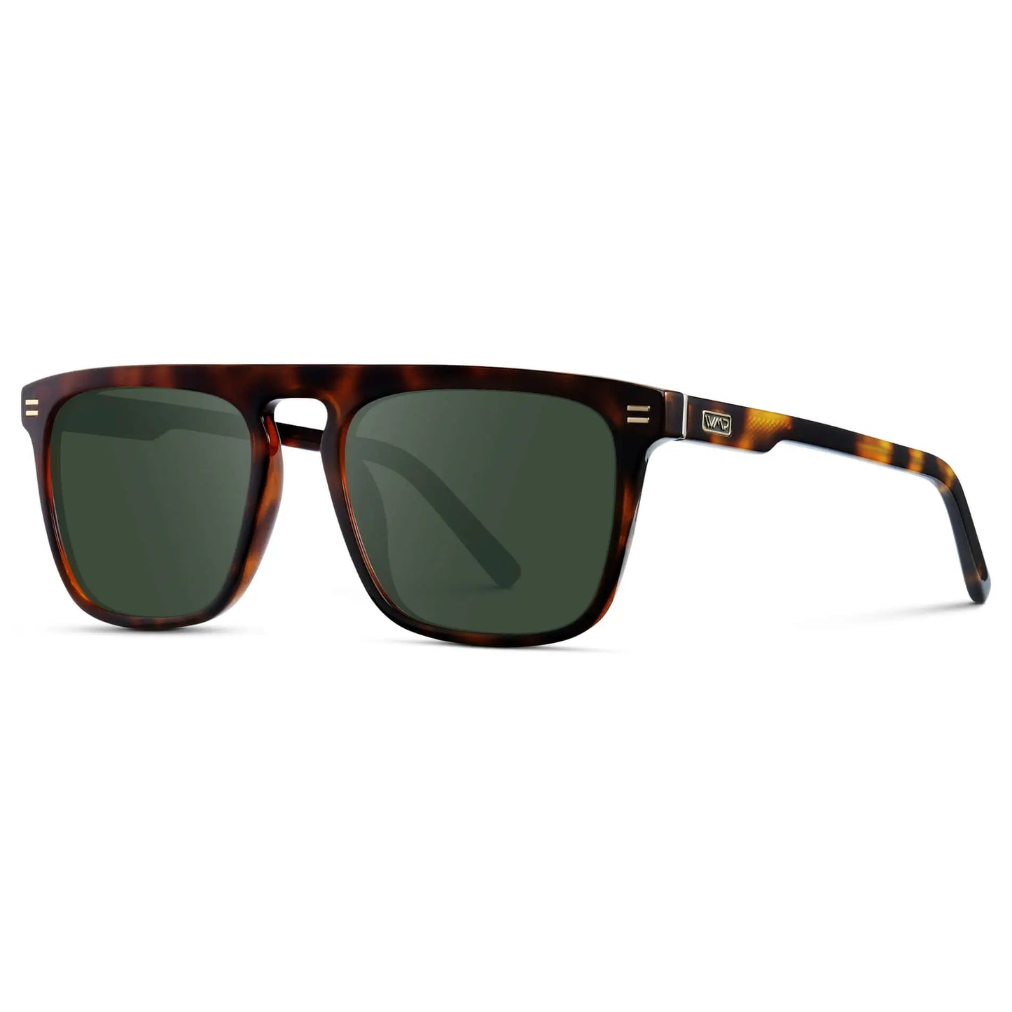 Brown Tortoise / G15 || Side view of Men's Oversized Square Prescription Sunglasses with Brown Tortoise Frames and Green Lenses on a white background