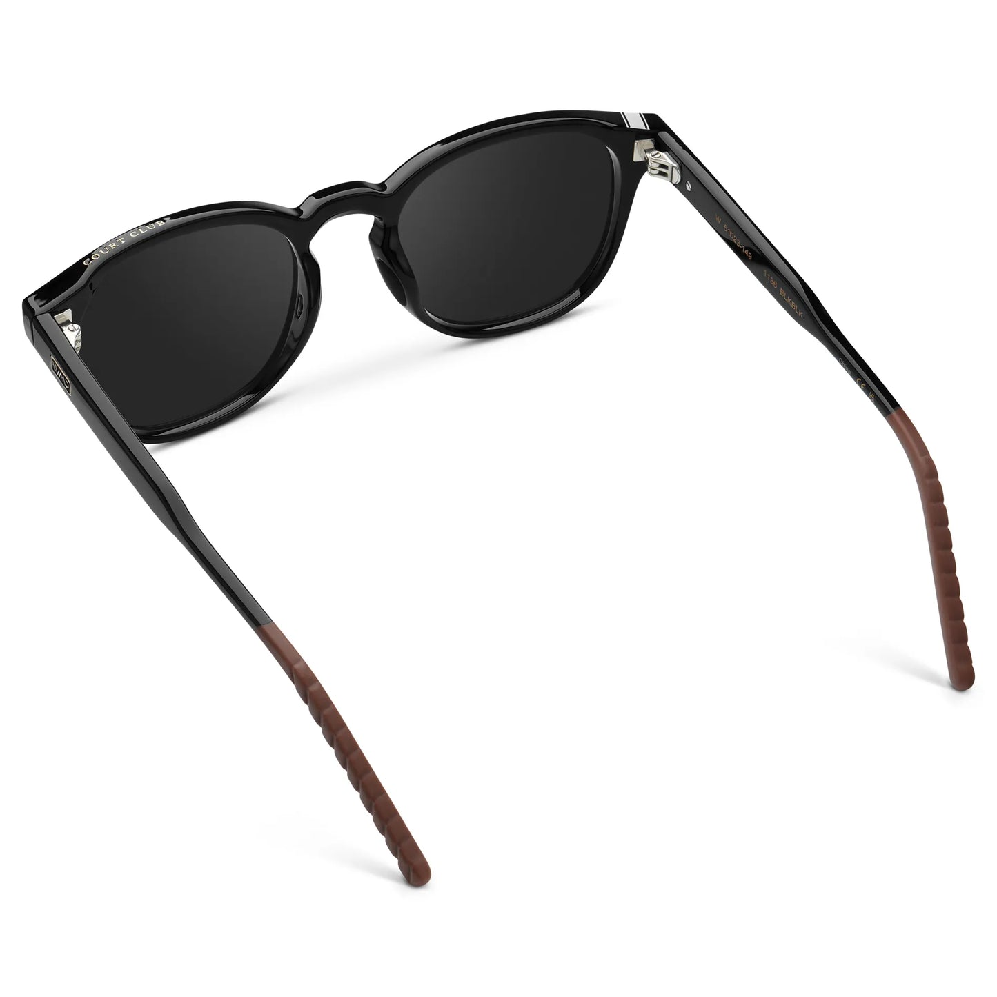 Black / Black Lens || Back view of Men's Round Sunglasses with Black Frame and Black Oval Lens on a white background