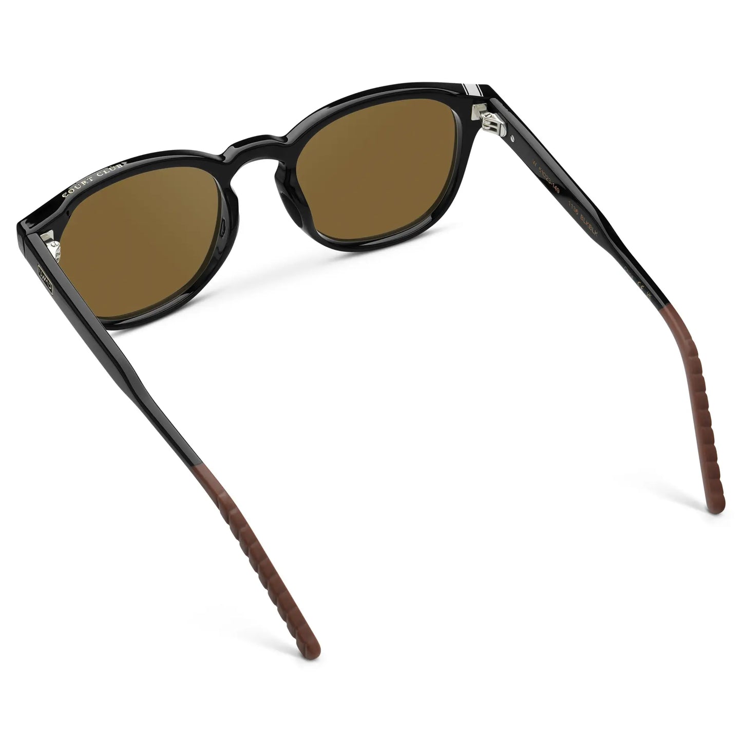 Black / Amber || Back view of Men's Round Prescription Sunglasses with Black Frame and Brown Oval Lens on a white background