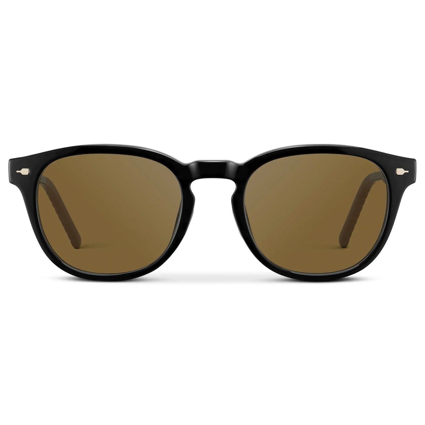 Black / Amber || Men's Round Prescription Sunglasses with Black Frame and Brown Oval Lens on a white background