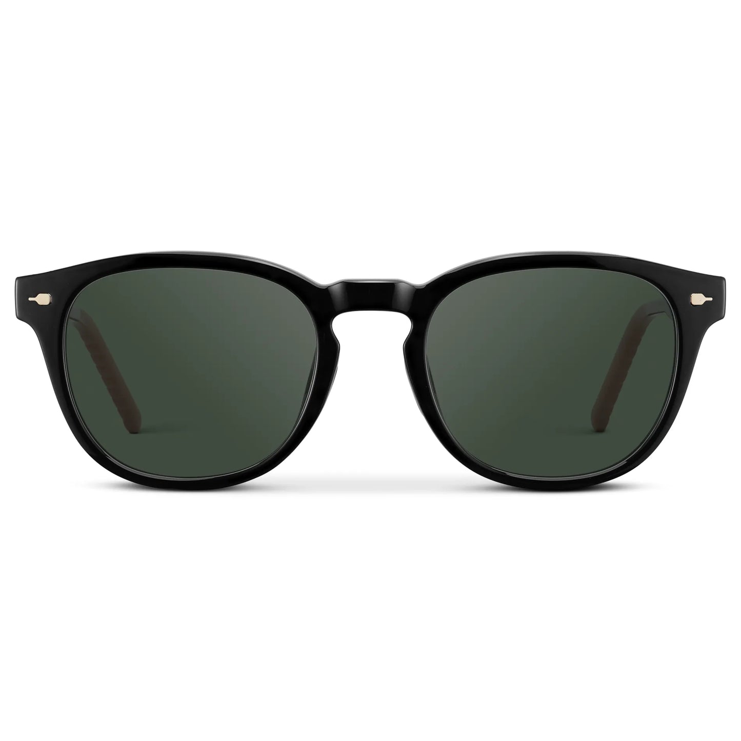 Black / G15 || Men's Round Prescription Sunglasses with Black Frame and Green Oval Lens on a white background