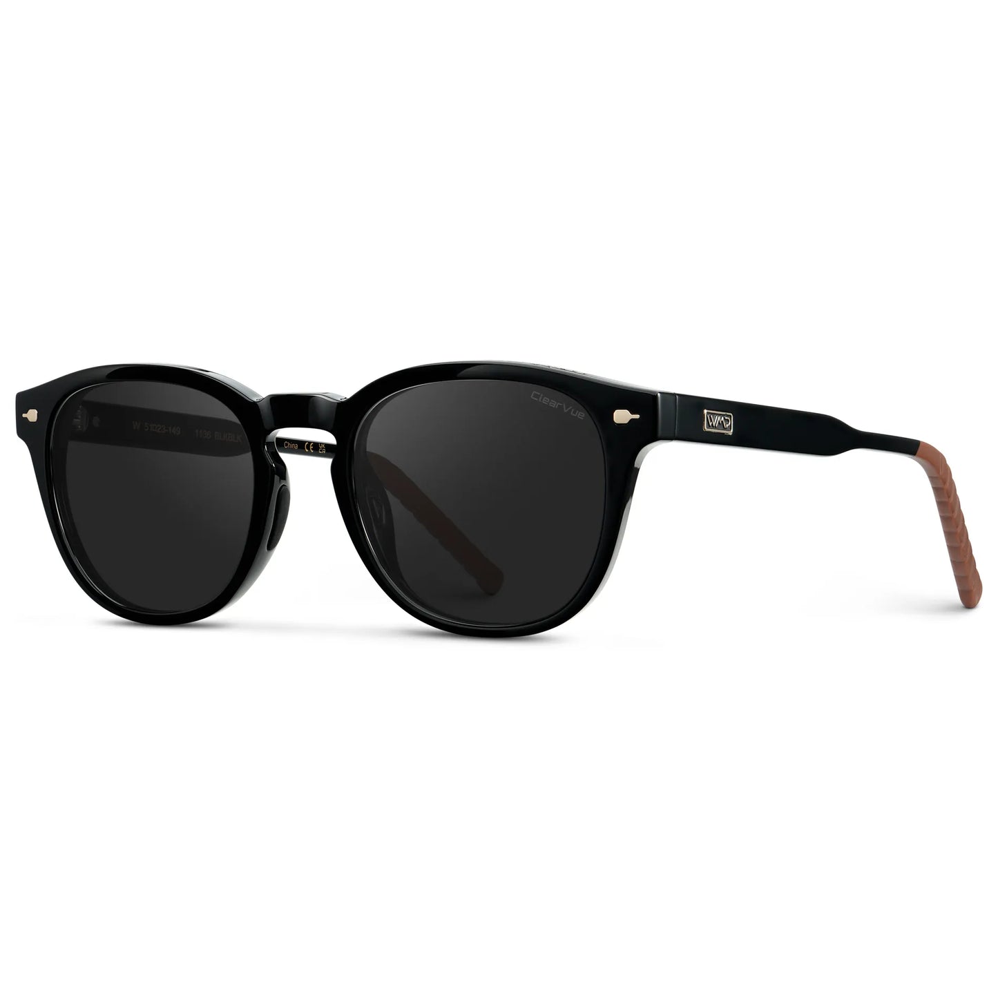 Black / Black Lens || Side view of Men's Round Sunglasses with Black Frame and Black Oval Lens on a white background