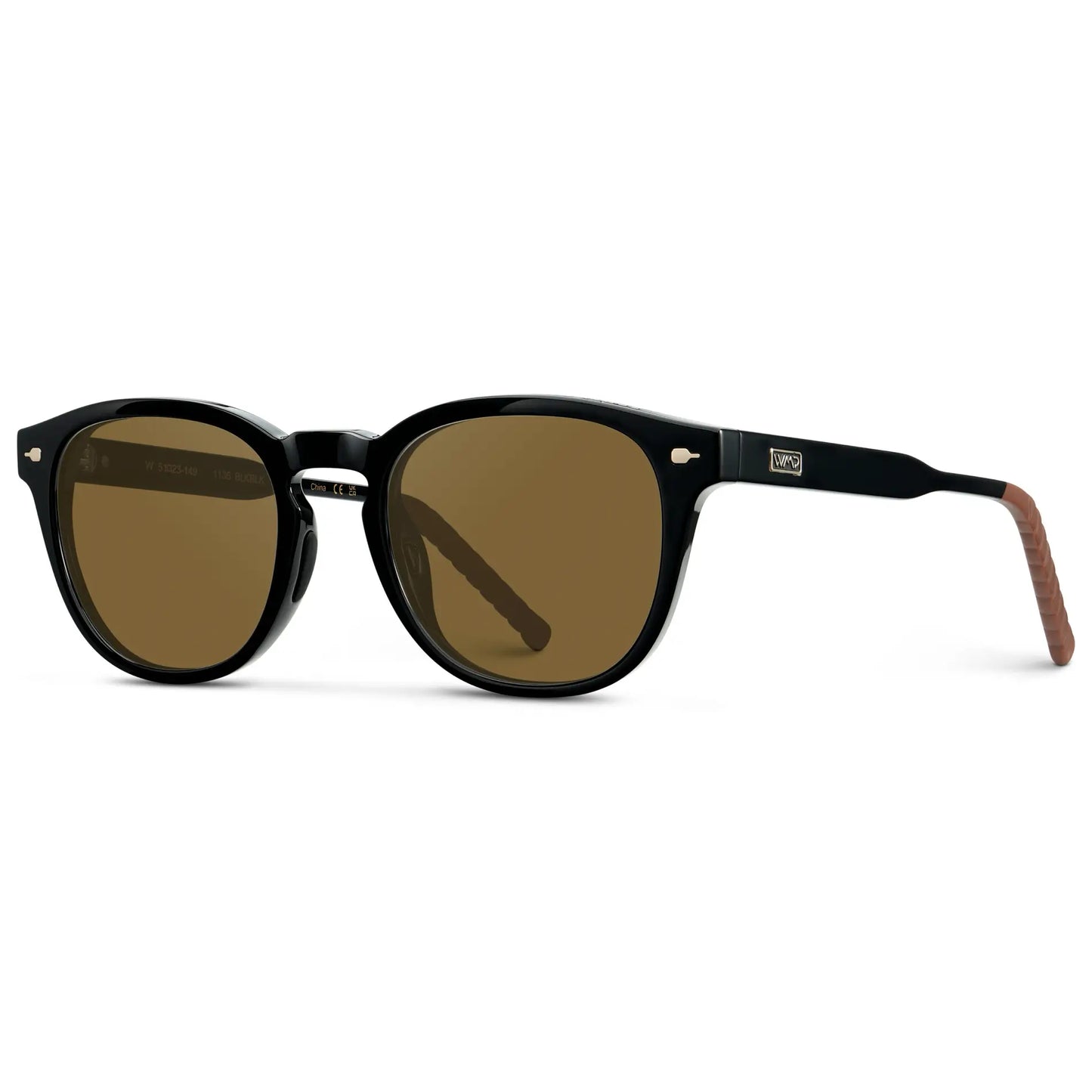 Black / Amber || Side view of Men's Round Prescription Sunglasses with Black Frame and Brown Oval Lens on a white background