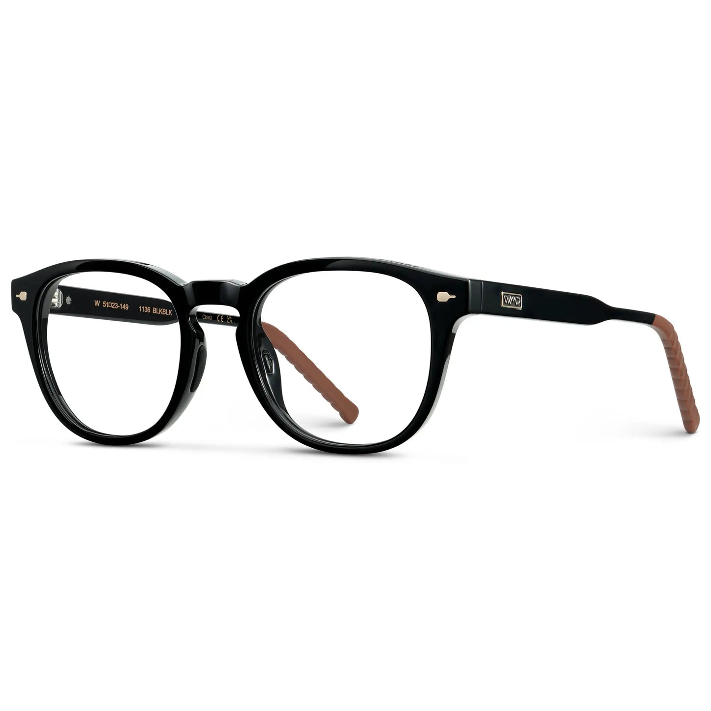 Black || Side view of Men's Round Prescription Eyeglasses with Black Frame and Clear Oval Lens on a white background