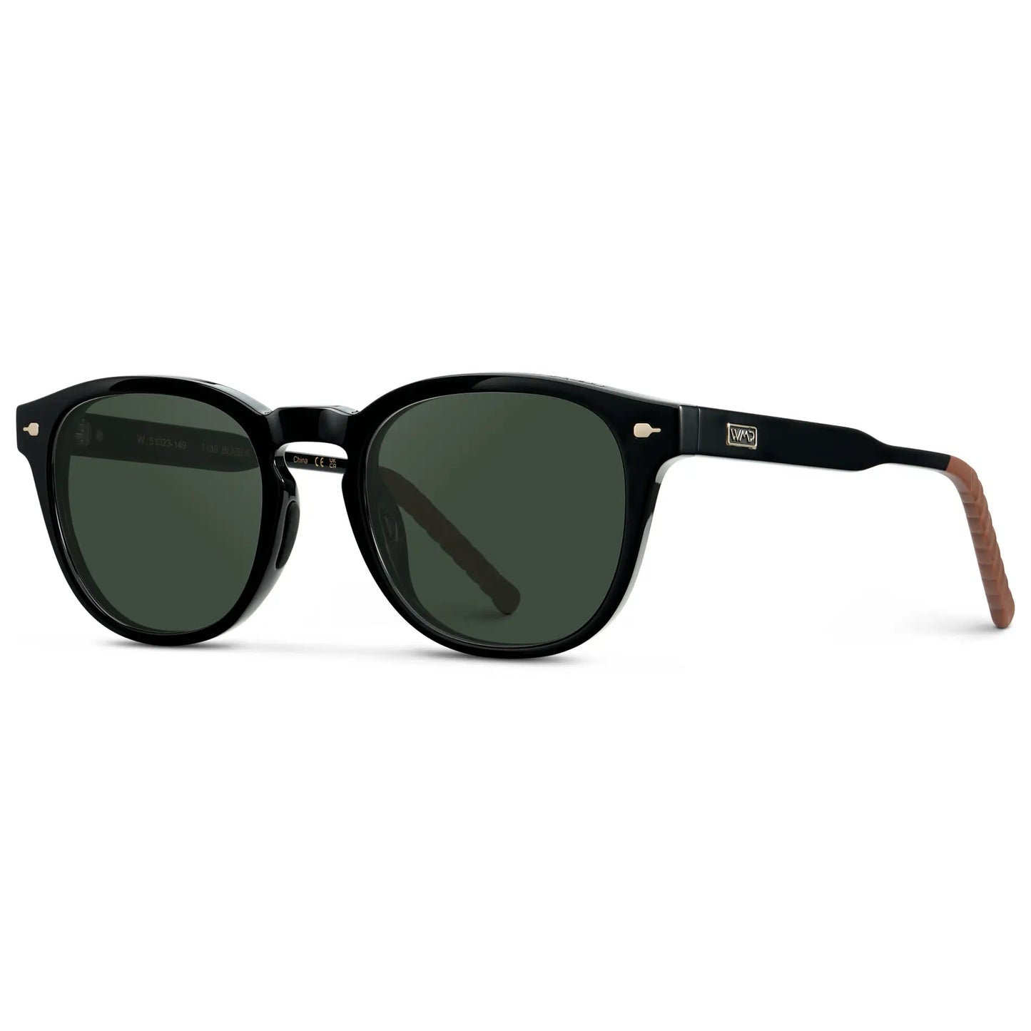 Black / G15 || Side view of Men's Round Prescription Sunglasses with Black Frame and Green Oval Lens on a white background
