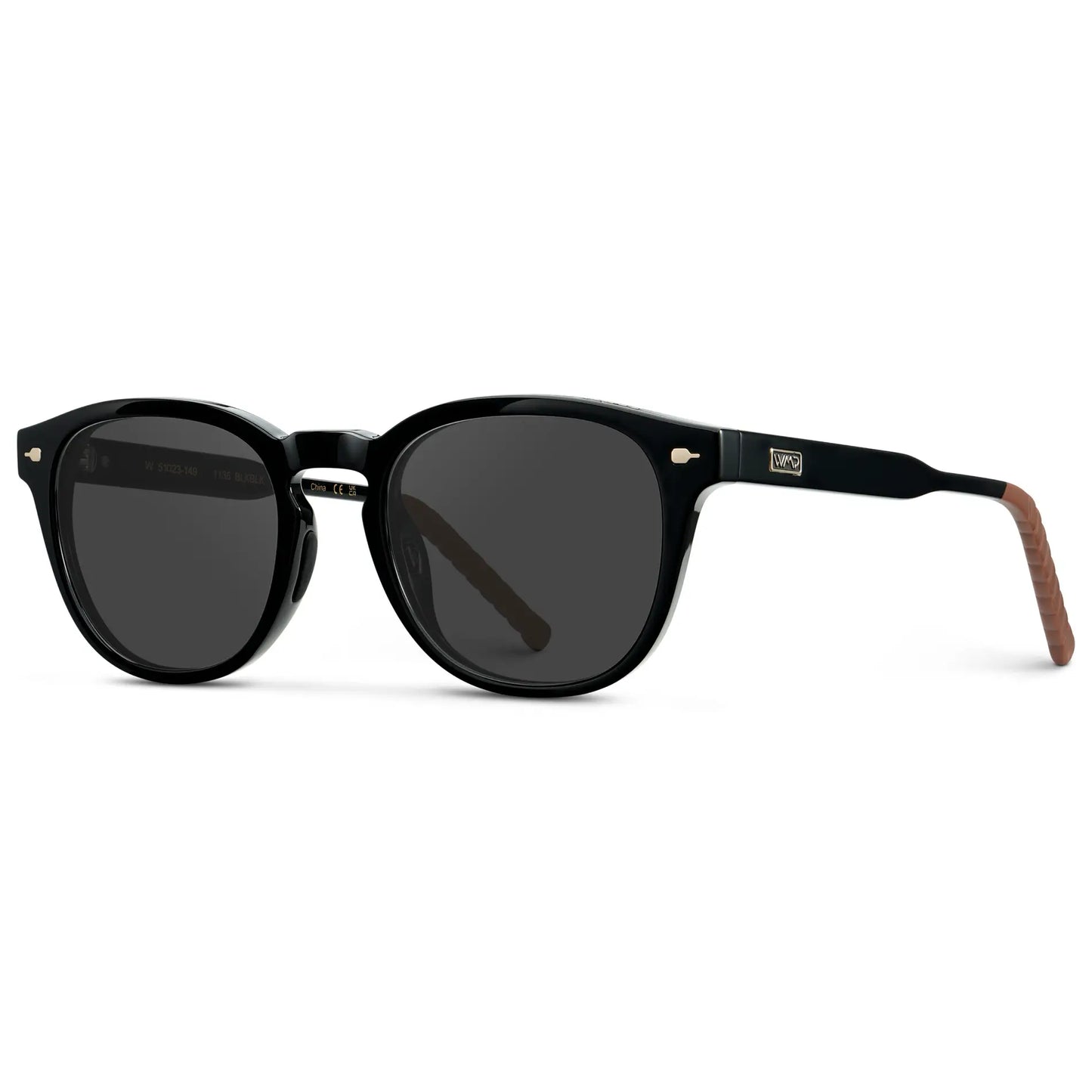 Black / Grey || Side view of Men's Round Prescription Sunglasses with Black Frame and Grey Oval Lens on a white background