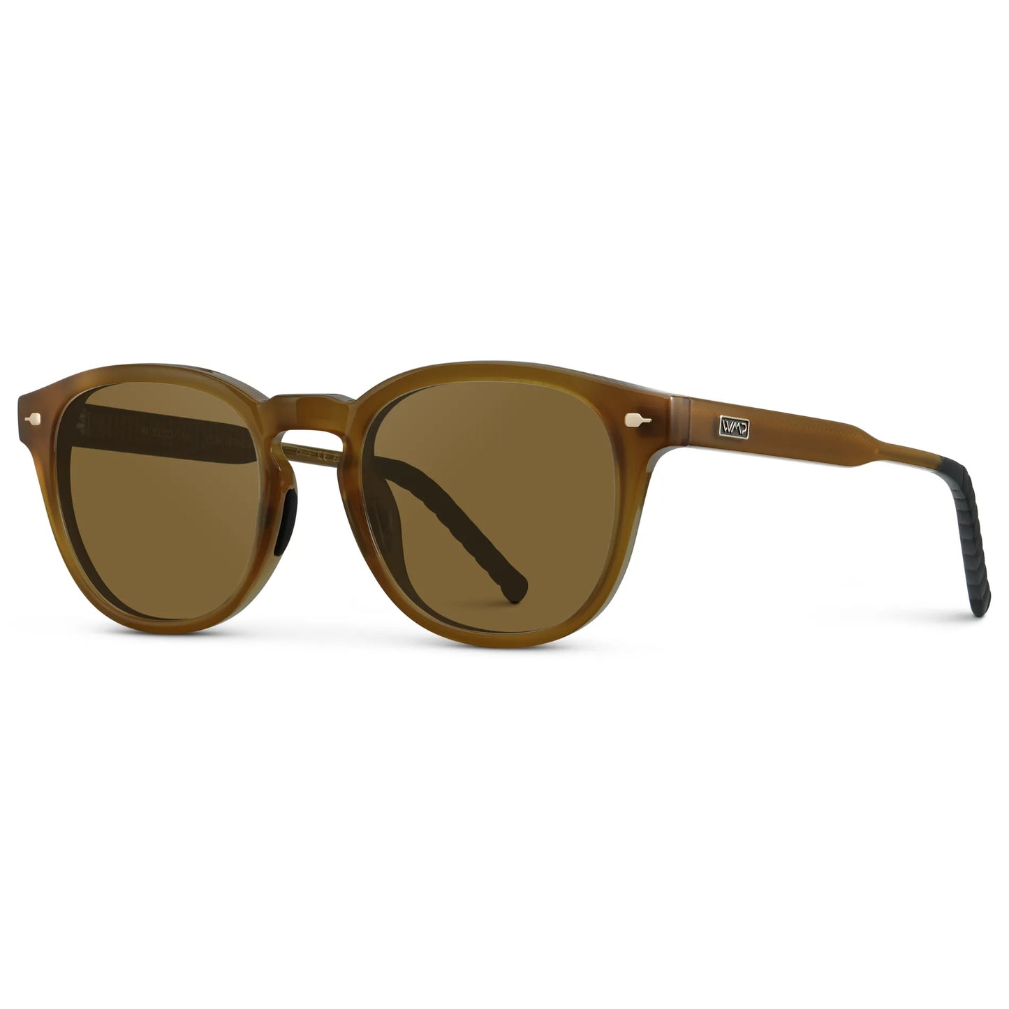 Dune Brown / Amber || Side view of Men's Round Prescription Sunglasses with Dune Brown Frame and Brown Oval Lens on a white background