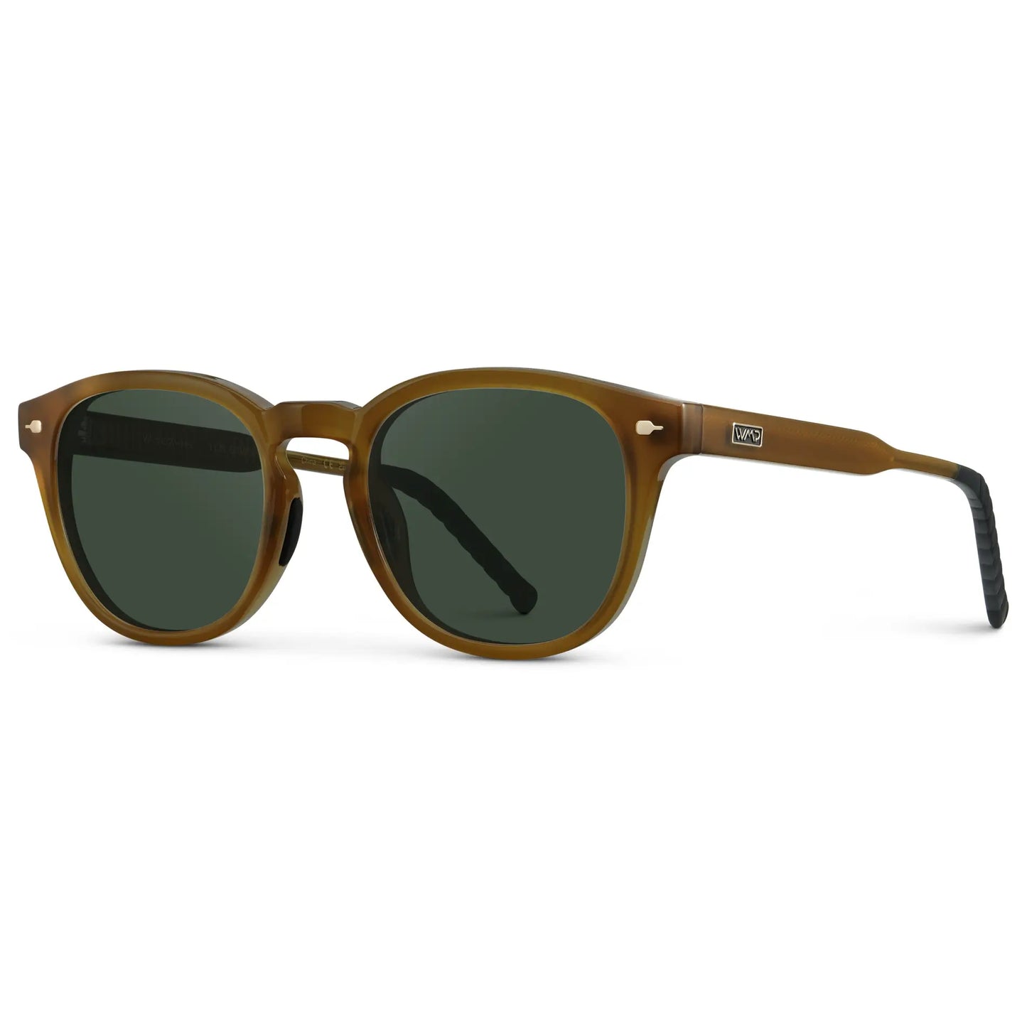 Dune Brown / G15 || Side view of Men's Round Prescription Sunglasses with Dune Brown Frame and Green Oval Lens on a white background