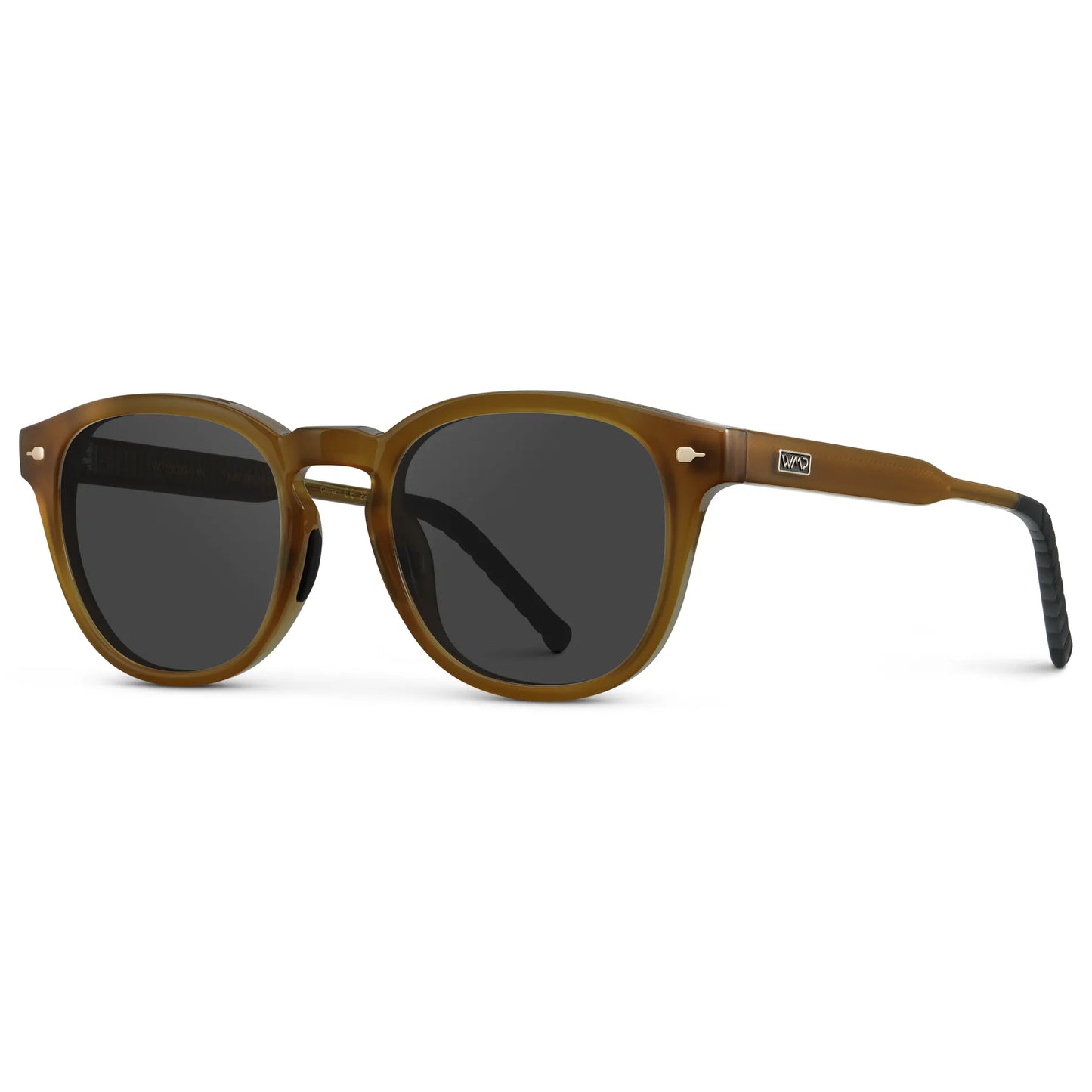 Dune Brown / Grey || Side view of Men's Round Prescription Sunglasses with Dune Brown Frame and Grey Oval Lens on a white background