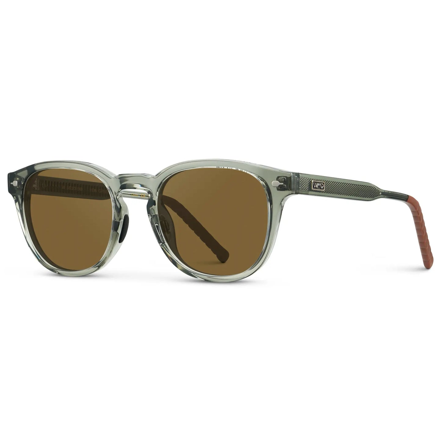 Sage Green / Amber || Side view of Men's Round Prescription Sunglasses with Sage Green Frame and Brown Oval Lens on a white background