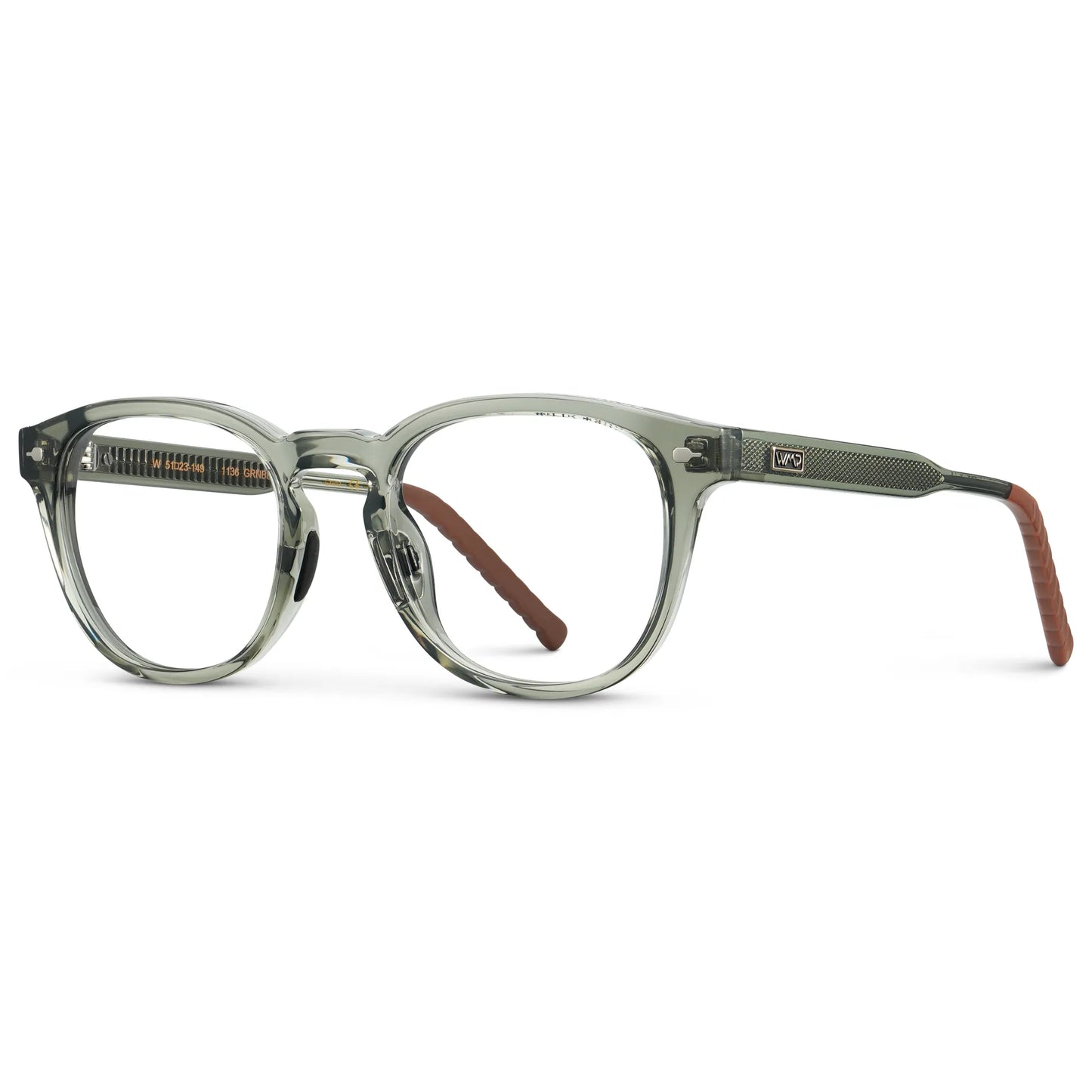 Sage Green || Side view of Men's Round Prescription Eyeglasses with Sage Green Frame and Clear Oval Lens on a white background