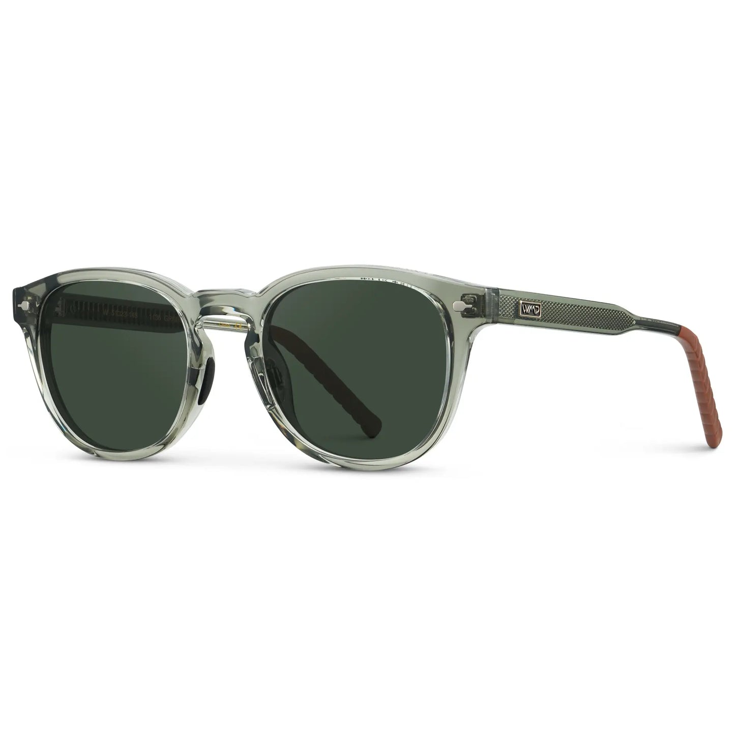 Sage Green / G15 || Side view of Men's Round Prescription Sunglasses with Sage Green Frame and Green Oval Lens on a white background