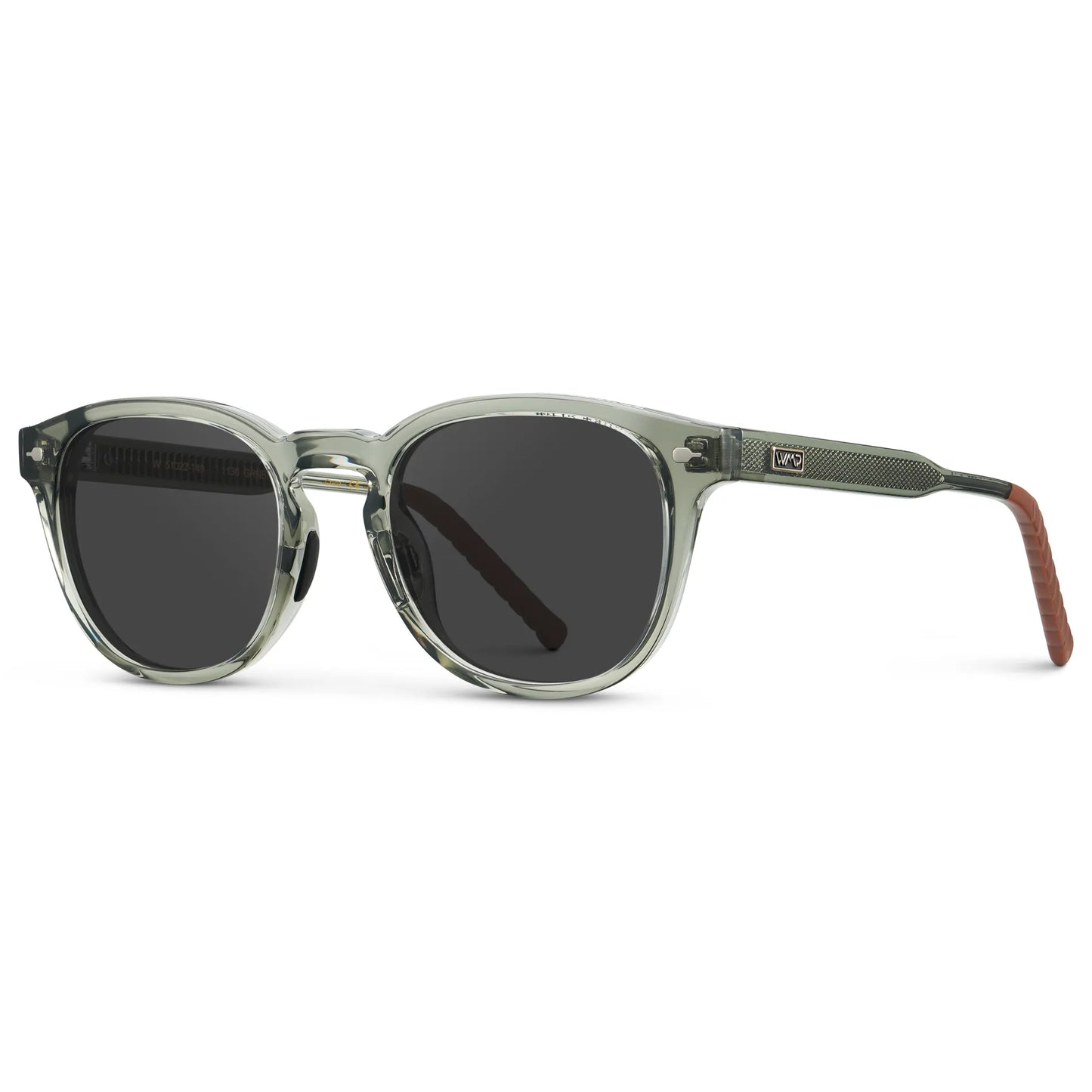 Sage Green / Grey || Side view of Men's Round Prescription Sunglasses with Sage Green Frame and Grey Oval Lens on a white background