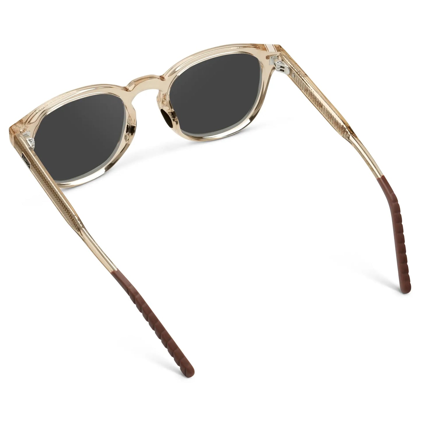 Sand Brown / Grey || Back view of Men's Round Prescription Sunglasses with Sand Brown Frame and Grey Oval Lens on a white background