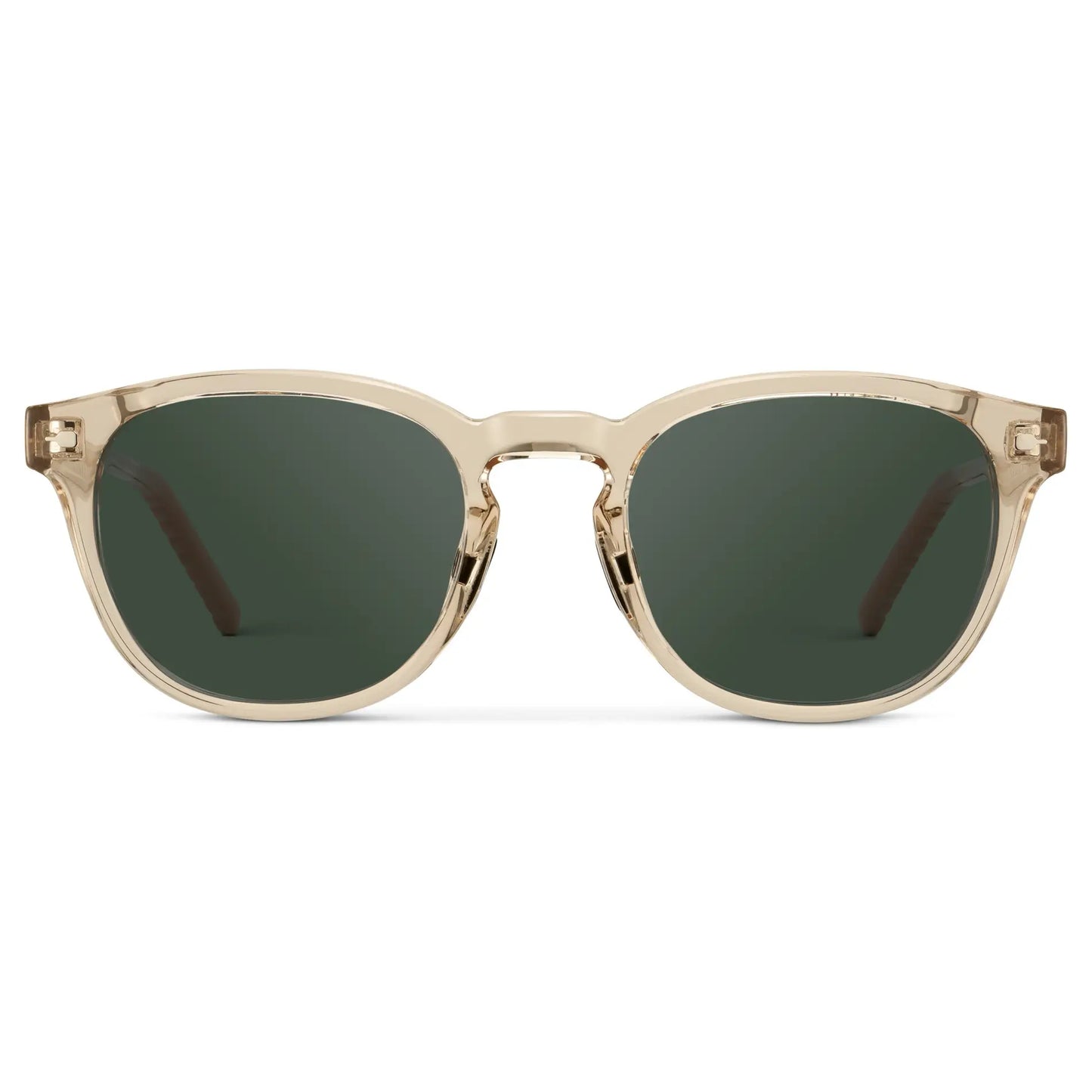 Sand Brown / G15 || Men's Round Prescription Sunglasses with Sand Brown Frame and Green Oval Lens on a white background
