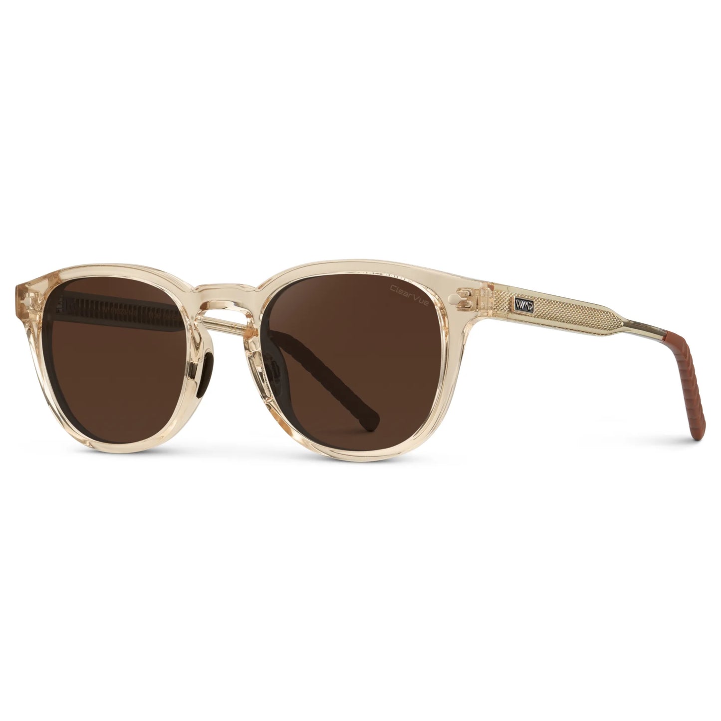 Sand Brown / Dark Brown Lens || Side view of Men's Round Sunglasses with Sand Brown Frame and Dark Brown Oval Lens on a white background